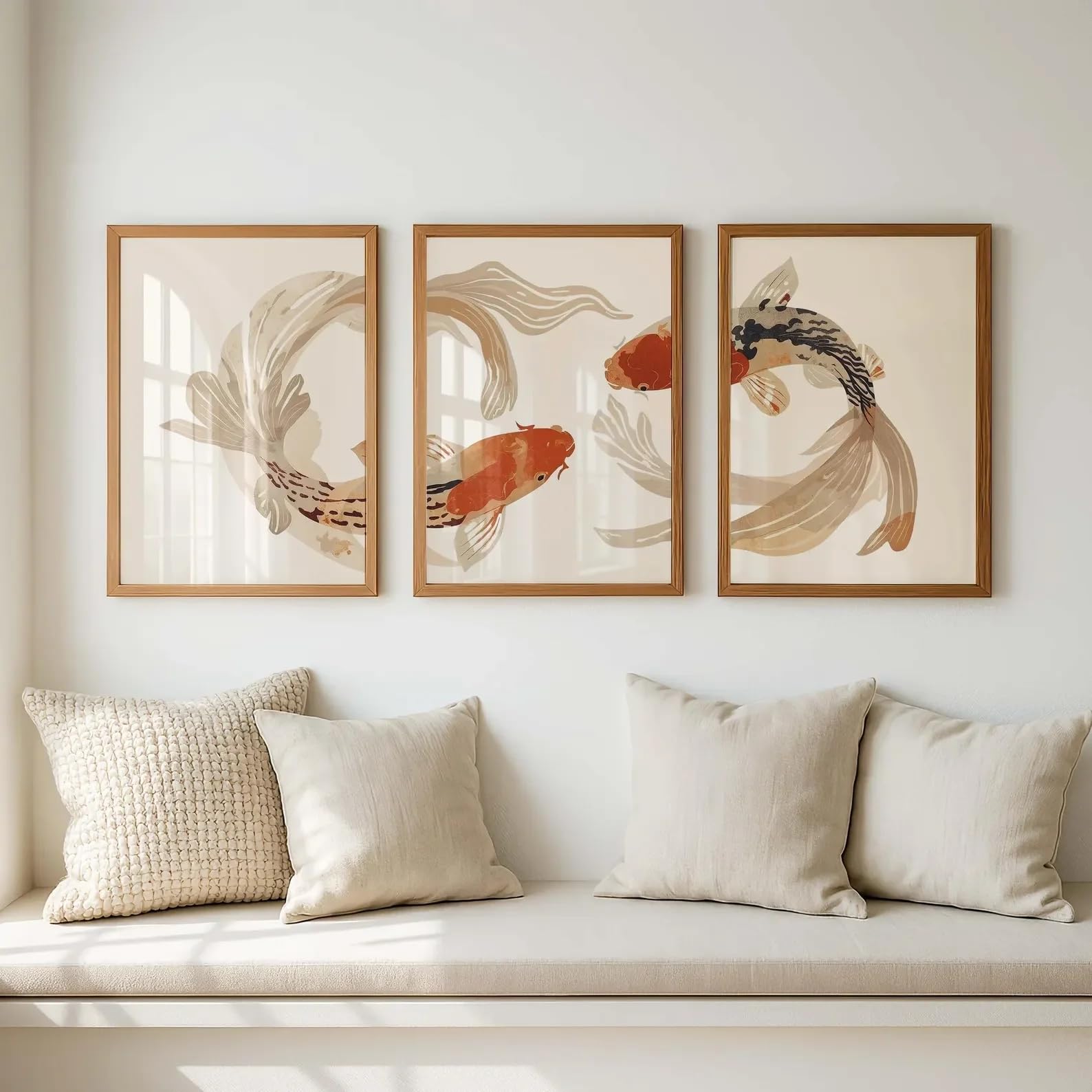 Sdvib Frameless Canvas Painting Koi Fish Wall Art Japanese Minimalist Poster Neutral Beige Zen Wall Decor Canvas Prints Home Decor(60X80cm/3Pcs )