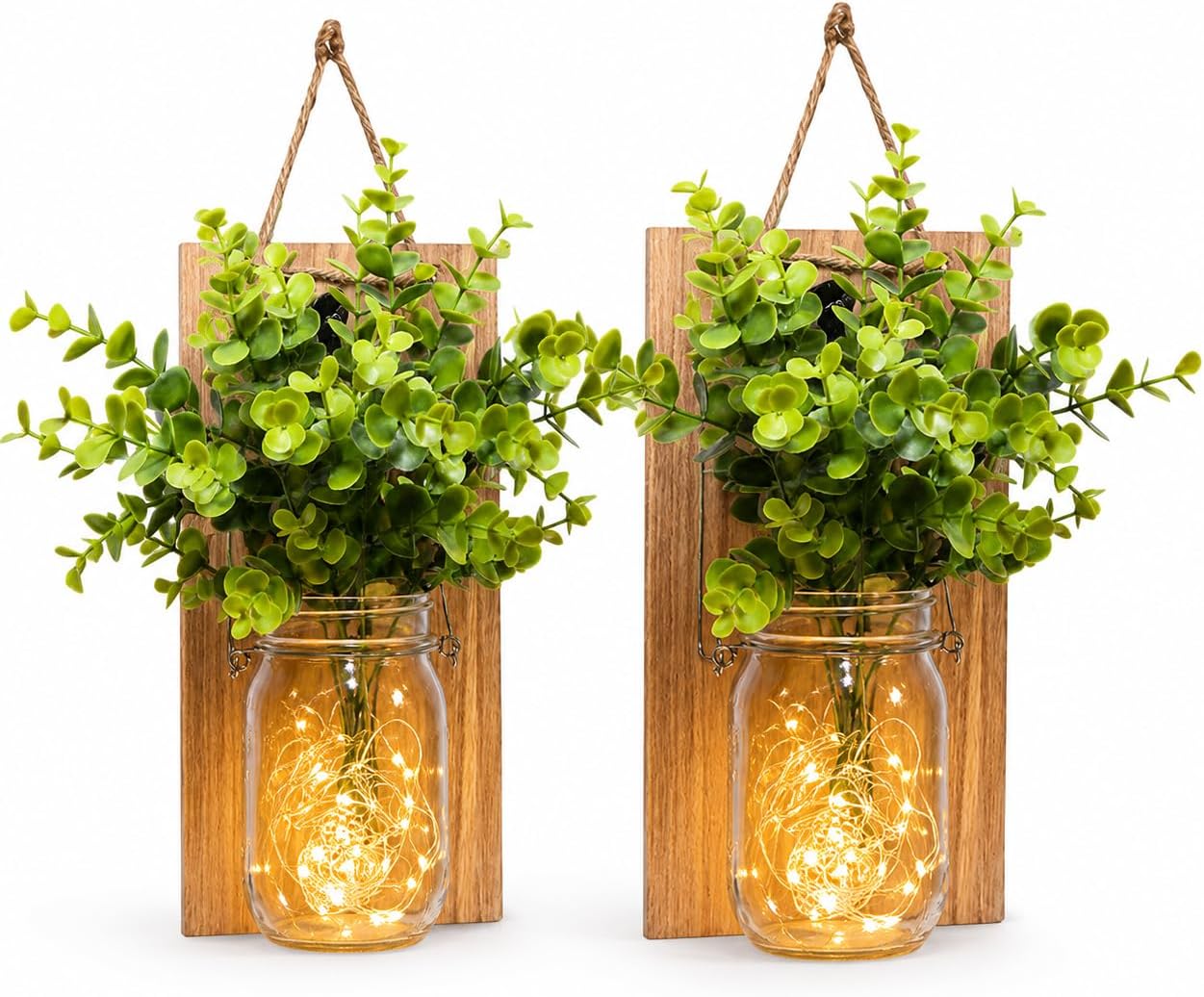 Rustic Wall Sconces, Mason Jar Sconces, Farmhouse Home Decor, LED Fairy Lights, Green Fake Plant, Interior Decoration Warm Toned Lighting. (2 Pack)