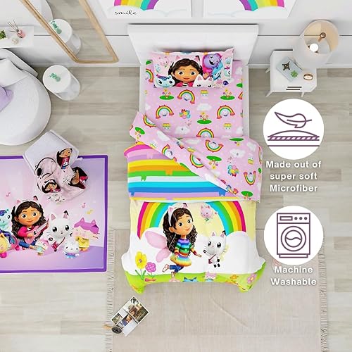 Miniatura 4 de Franco DreamWorks Gabby's Dollhouse Cakey, Mercat and Pandy - Juego de sábanas y edredón súper suaves para niños, 5 piezas, tamaño matrimonial,