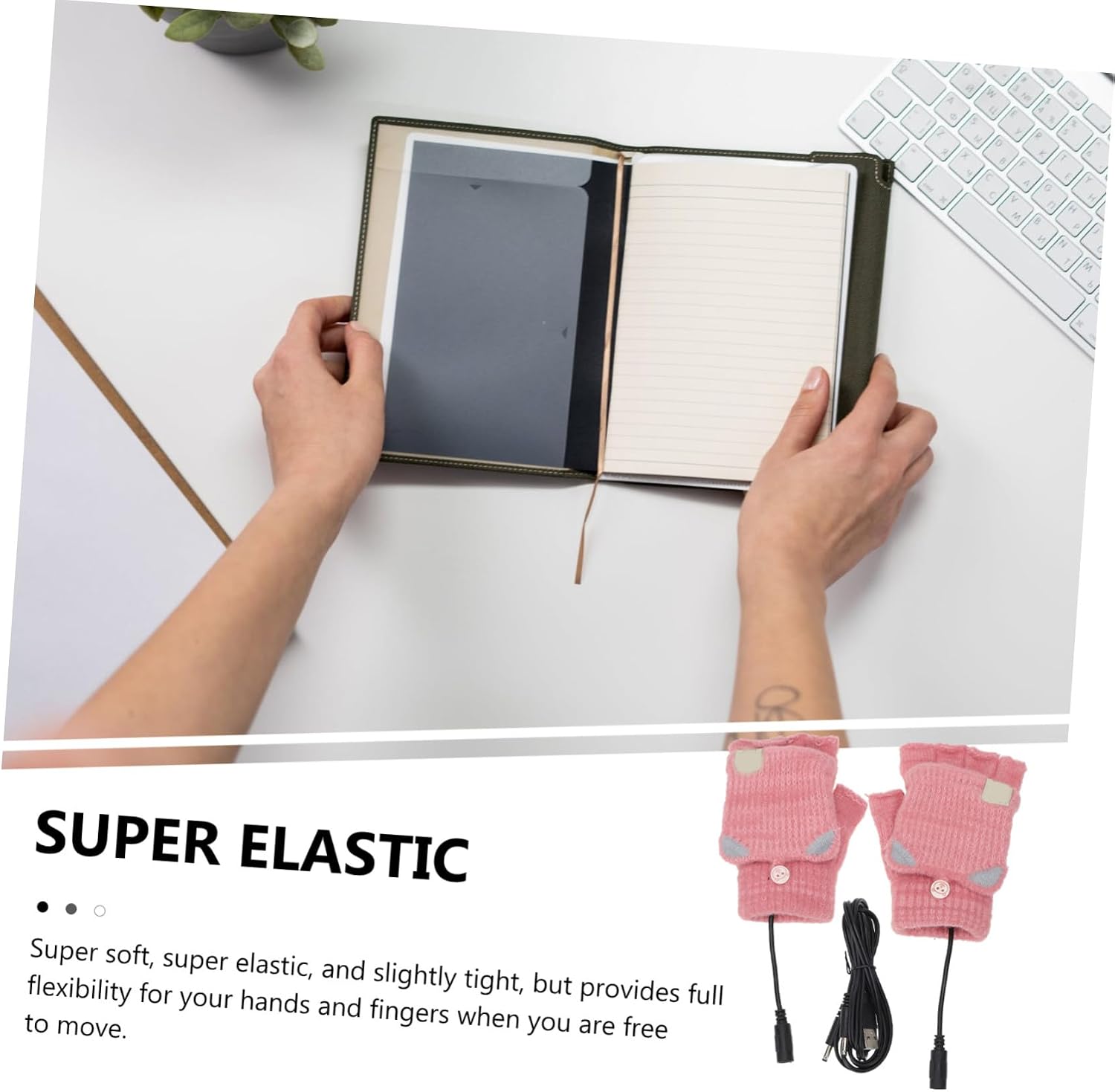 Lurrose USB Heated Half Finger Gloves, Thermal Knitting Winter Hand Warmers, Pink USB Charging Heated Mittens for Women Cold Weather