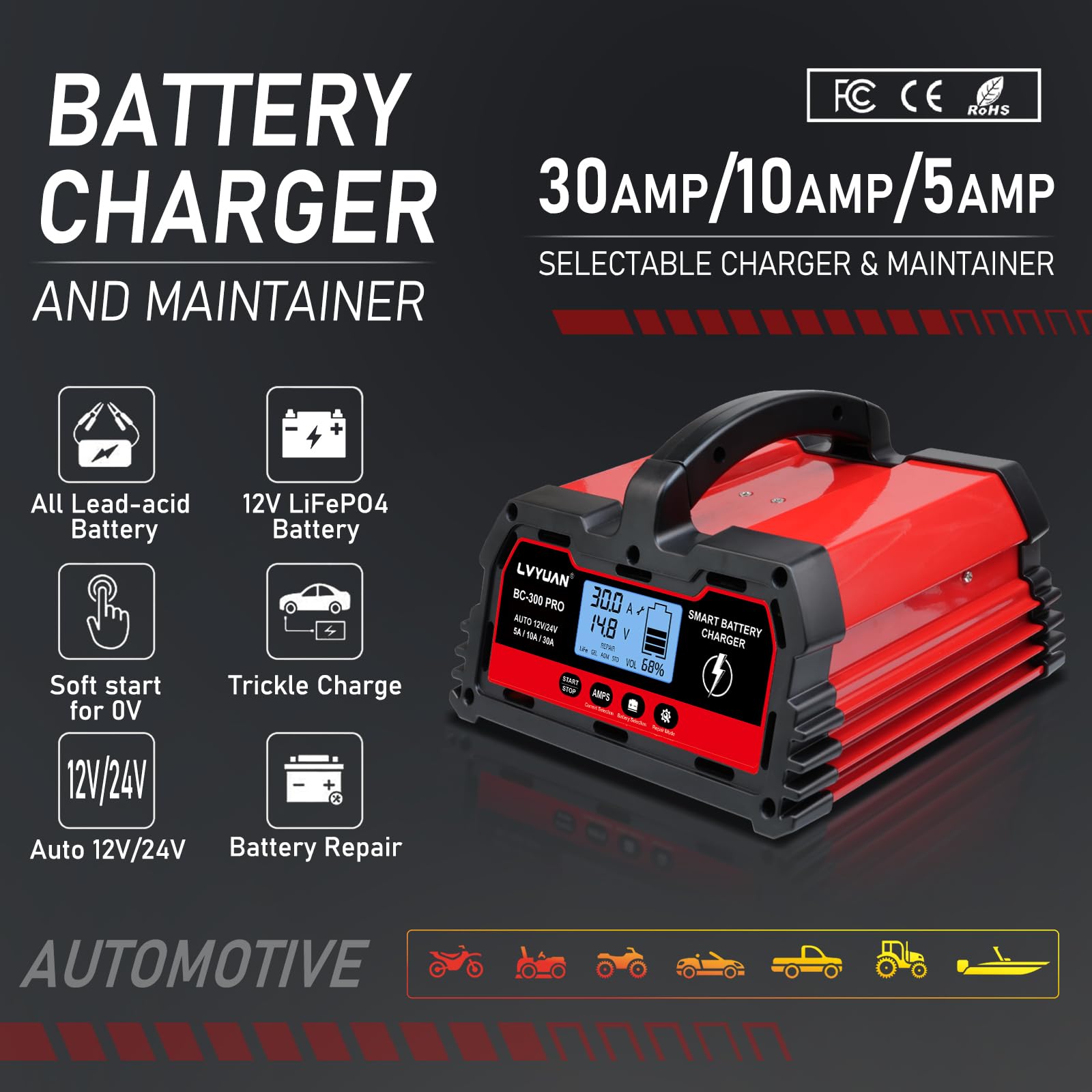 LVYUAN Caricabatterie intelligente per auto da 30 Amp, caricabatterie per auto da 12 V/24 V, batteria al piombo LiFePO4 con display LCD, caricabatterie per tosaerba, moto, AGM, STD, Gel, EFB, ecc