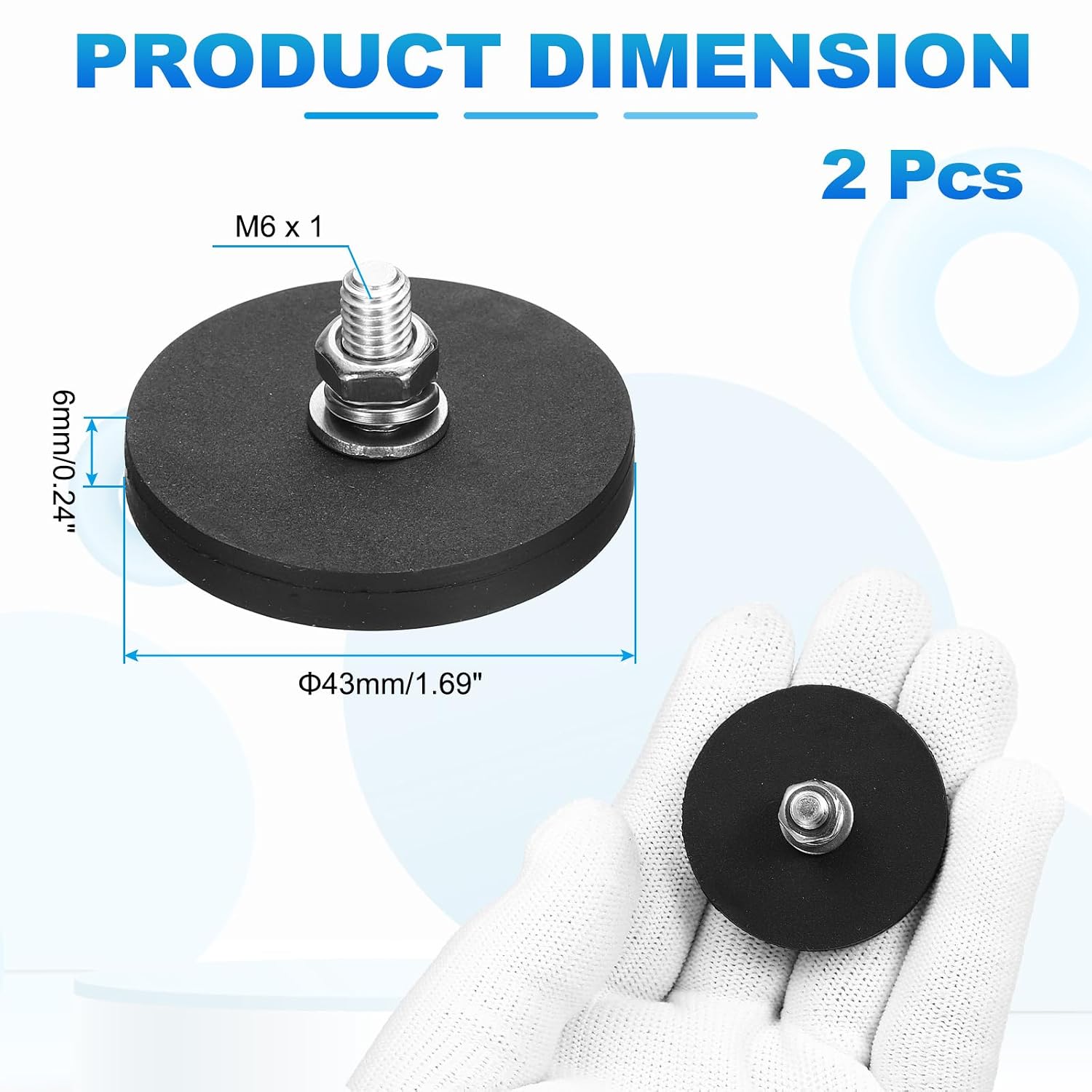 MECCANIXITY 2 Pcs 1.7" Dia Rubber Coated Magnets, 19LBS Anti-Scratch Flag Magnet Base with M6 Male Threaded Studs and Nut Magnets Holder for Camera Light Bar Mirror Tool