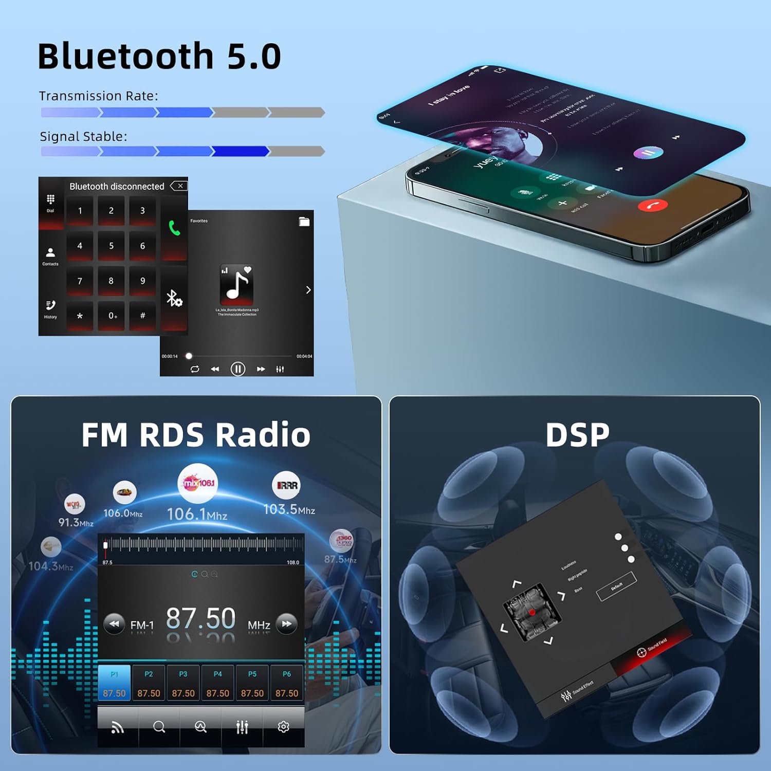 Screenshots showing Bluetooth 5.0 interface, FM RDS radio tuner, and DSP settings