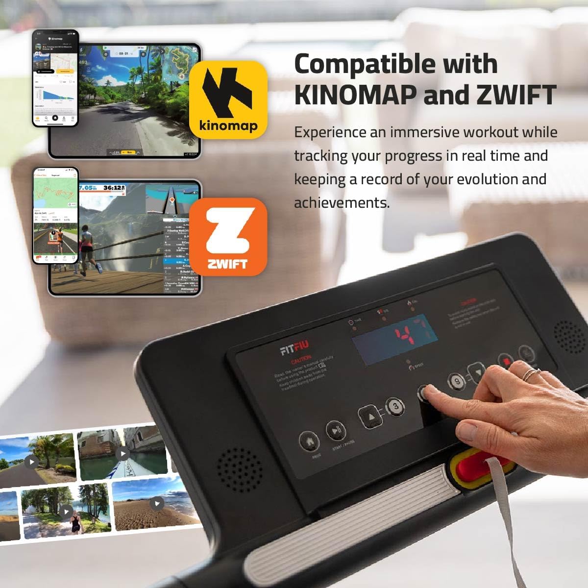 Treadmill console showing compatibility with Kinomap and Zwift apps