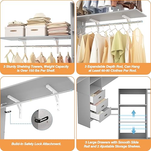 Miniatura 5 de iSunirm Sistema de armario de 8 pies, sistema organizador de armario de 96 pulgadas con 3 varillas para colgar, armario de dormitorio de montaje en