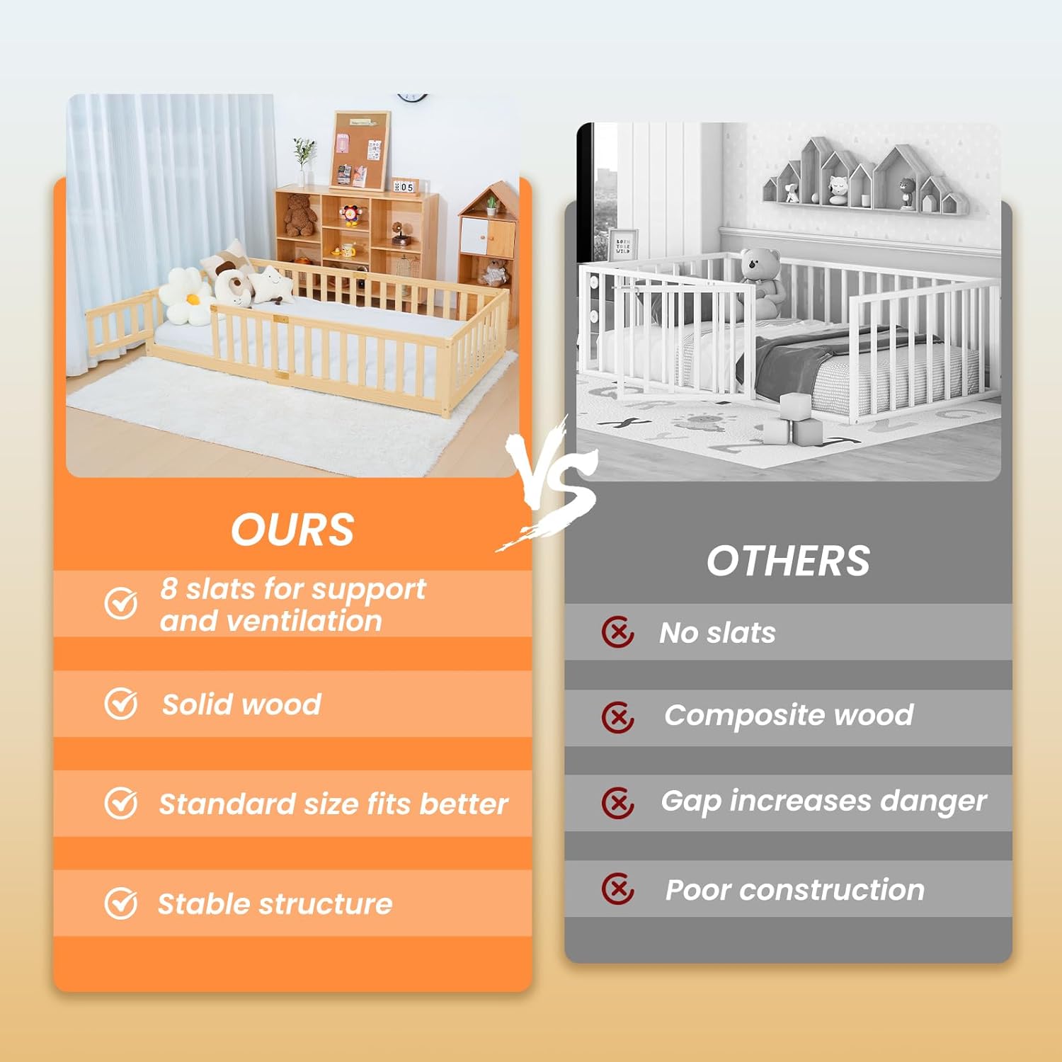 NAIZEA Twin Floor Bed for Kids-Twin Montessori Bed Frame with Wood Slats and Door and Slats, Wood Toddler Floor Beds for Girls and Boys, Natural