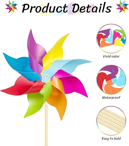 Miniatura 3 de HOOSUN Paquete de 12 molinillos arcoíris para patio y jardín, decoraciones de fiesta arcoíris para niños, coloridos molinillos de viento de jardín