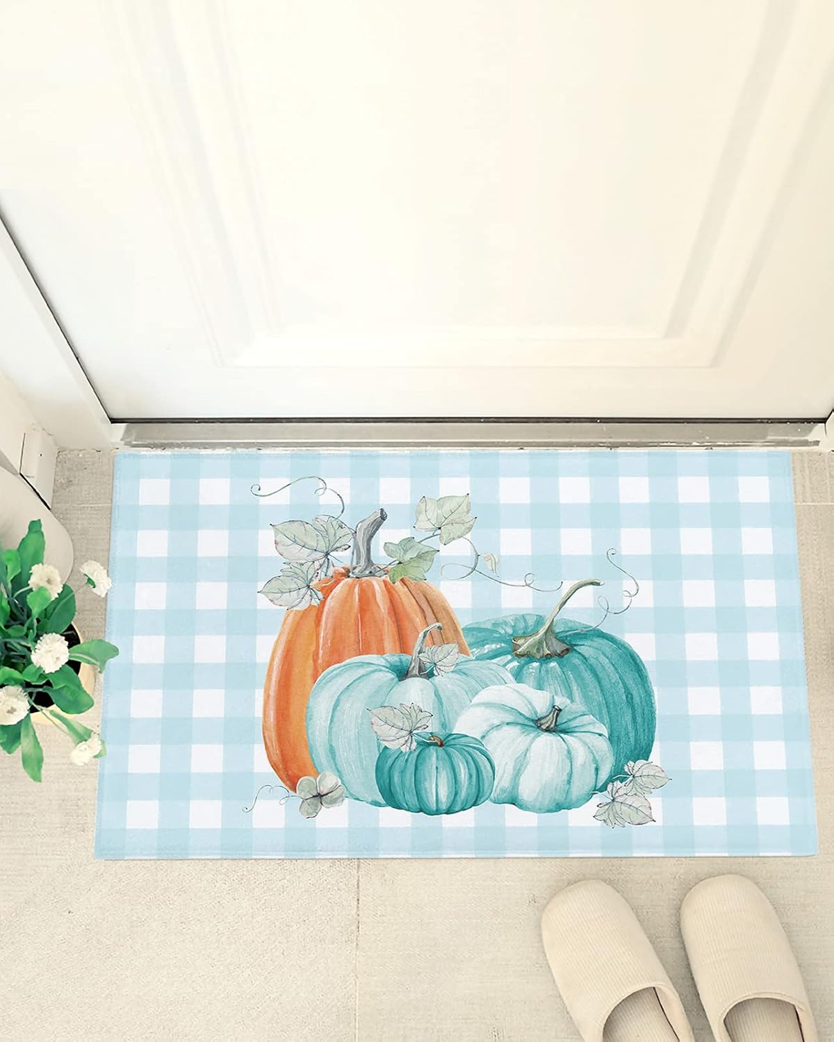 Autumn Pumpkins Indoor Doormat,Comfy Shaggy Mats for Bathroom Thanksgiving Day Vegetable Plush Floor Rugs Cozy Shag Doormat Carpets Indoor Entrance Decor Blue Checker