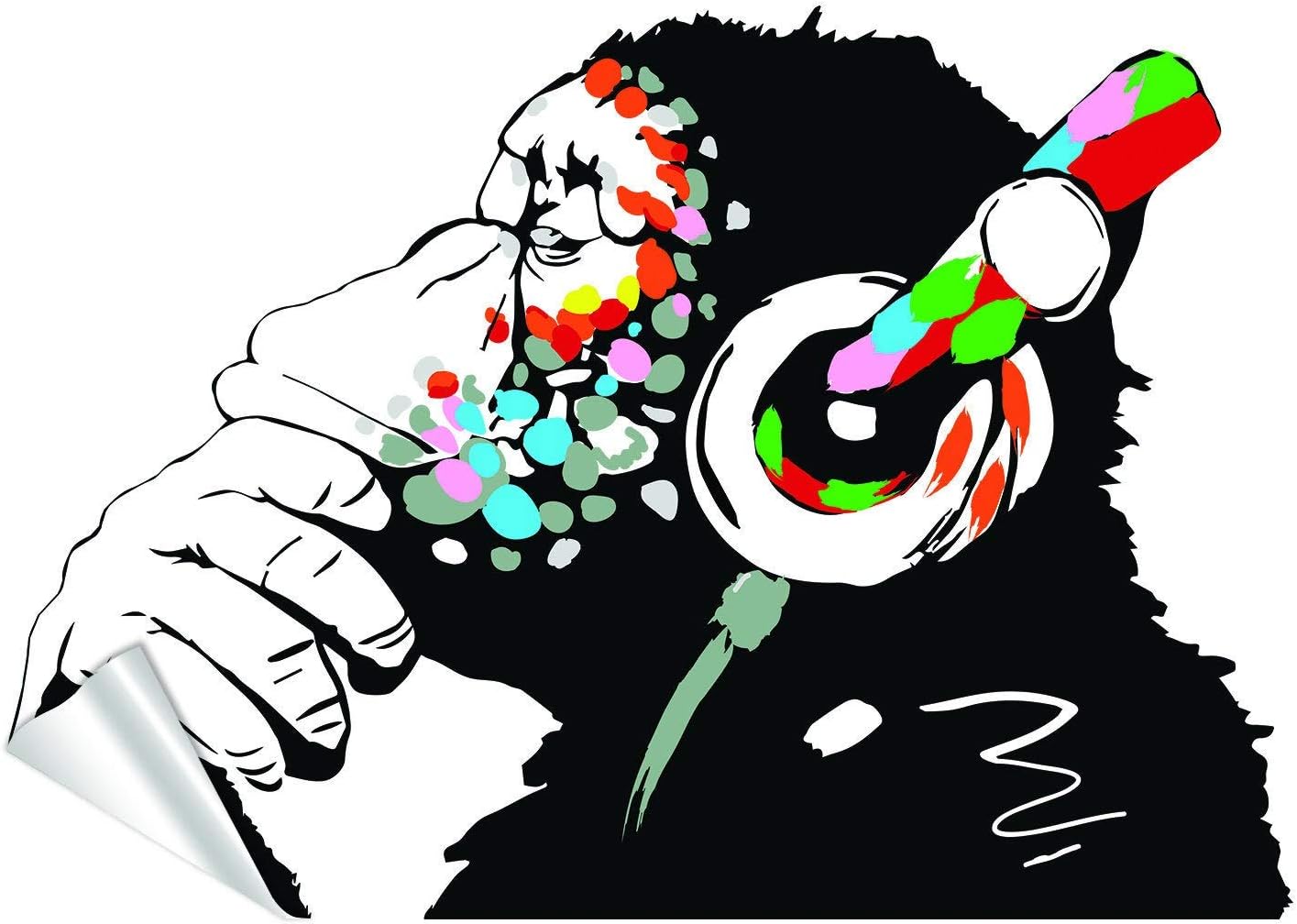 Banksy Thinking Monkey Sticker - Art Vinyl Street Dj Baksy Wall Decal - Headphones Chimp Music Thinker Graffiti Mural - Boy Smart Decals