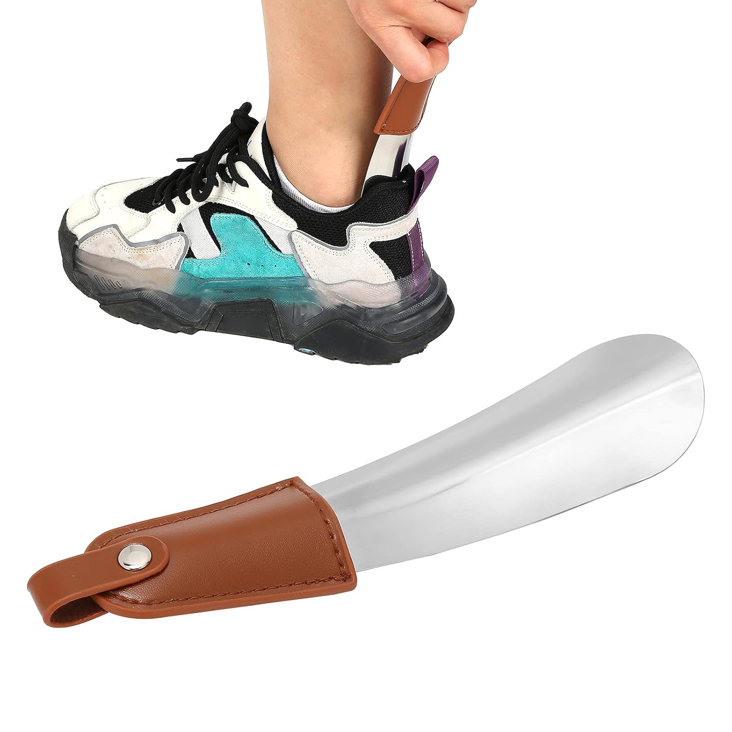 Dioche Handled Shoe Lifter Professional Stainless Steel Shoe Horn Travel Portable Shoehorn with PU Leather Handle for Men, Women, Kids, Seniors