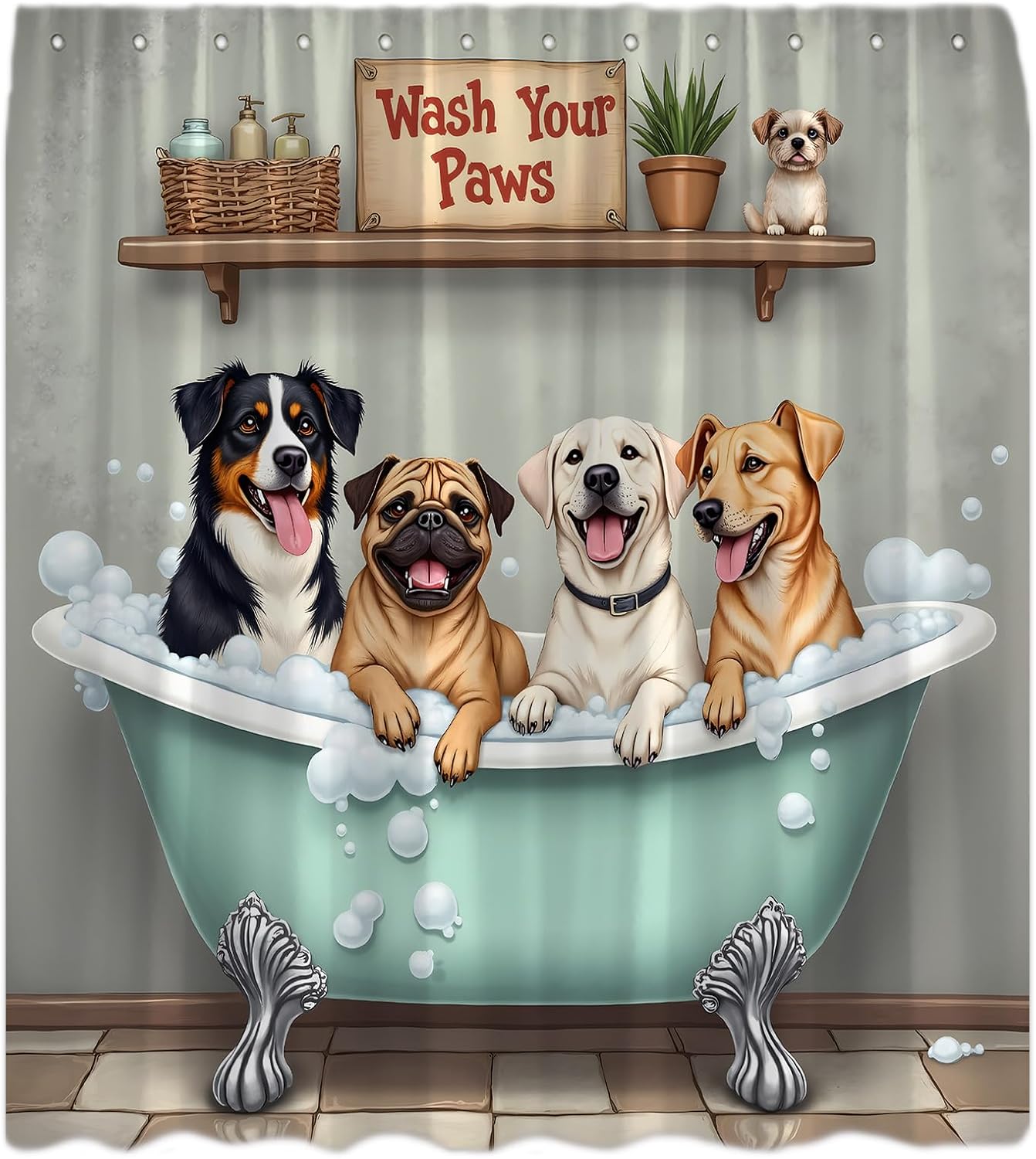 Funny Dogs Shower Curtain Wash Your Paws Doggy Cute Lovely Puppy Rustic Animals Cartoon Rustic Farm in Bathtub Pet Lover Country Bathroom Curtain with Hooks