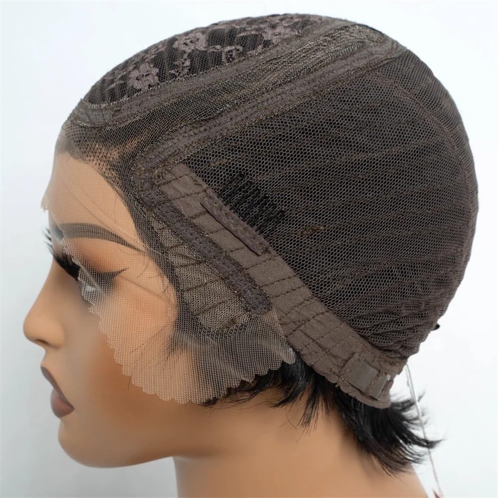 Perücken mit ordentlichem Pony für Frauen Gerade Pixie Cut Perücke Echthaar Perücken 13x6x1 Transparent Lace Front Kurze Perücke wellig lockig(Bruin)