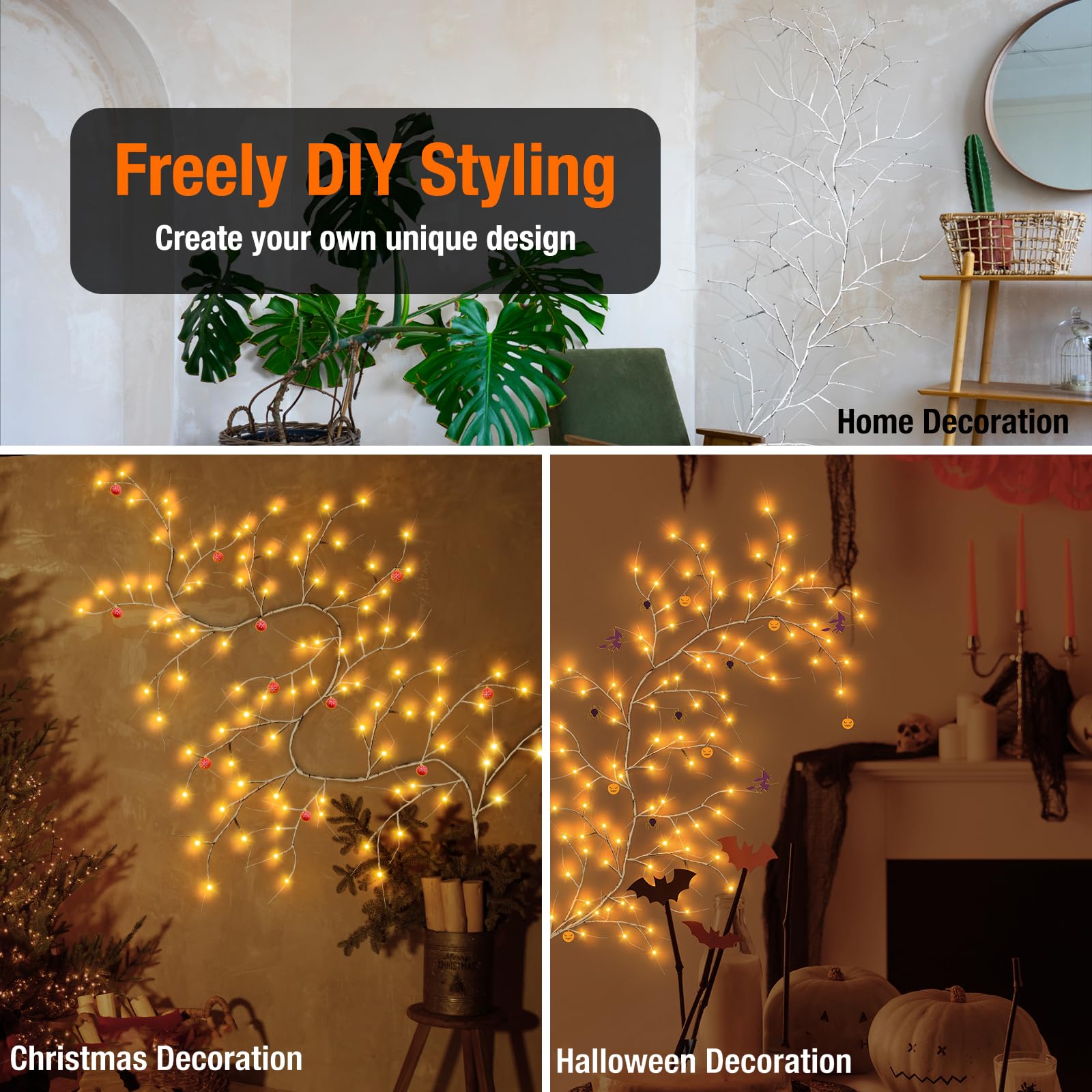 Guirnalda de Luces LED, 8 Modos Ramas de Abedul Cadena de Luces con Enchufe, 96 LEDs Modelado DIY para Decoración de Habitaciones, Dormitorios y Salones (96 Led (2 Unidades))