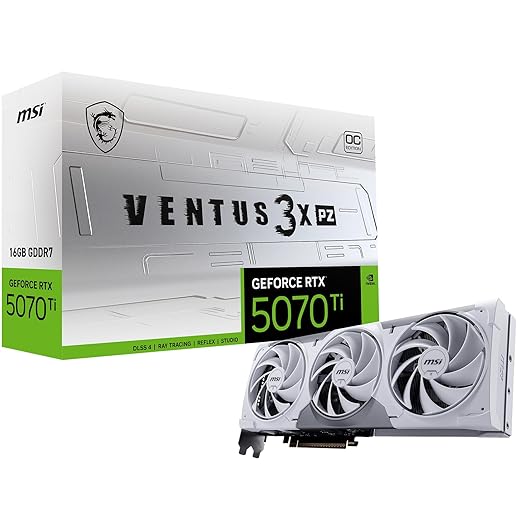 msi Gaming RTX 5070 Ti 16G Ventus 3X PZ OC Graphics Card (16GB GDDR7, 256-bit, Extreme Performance: 2482 MHz, DisplayPort x 3 2.1a, HDMI 2.1b, NVIDIA Blackwell Architecture)