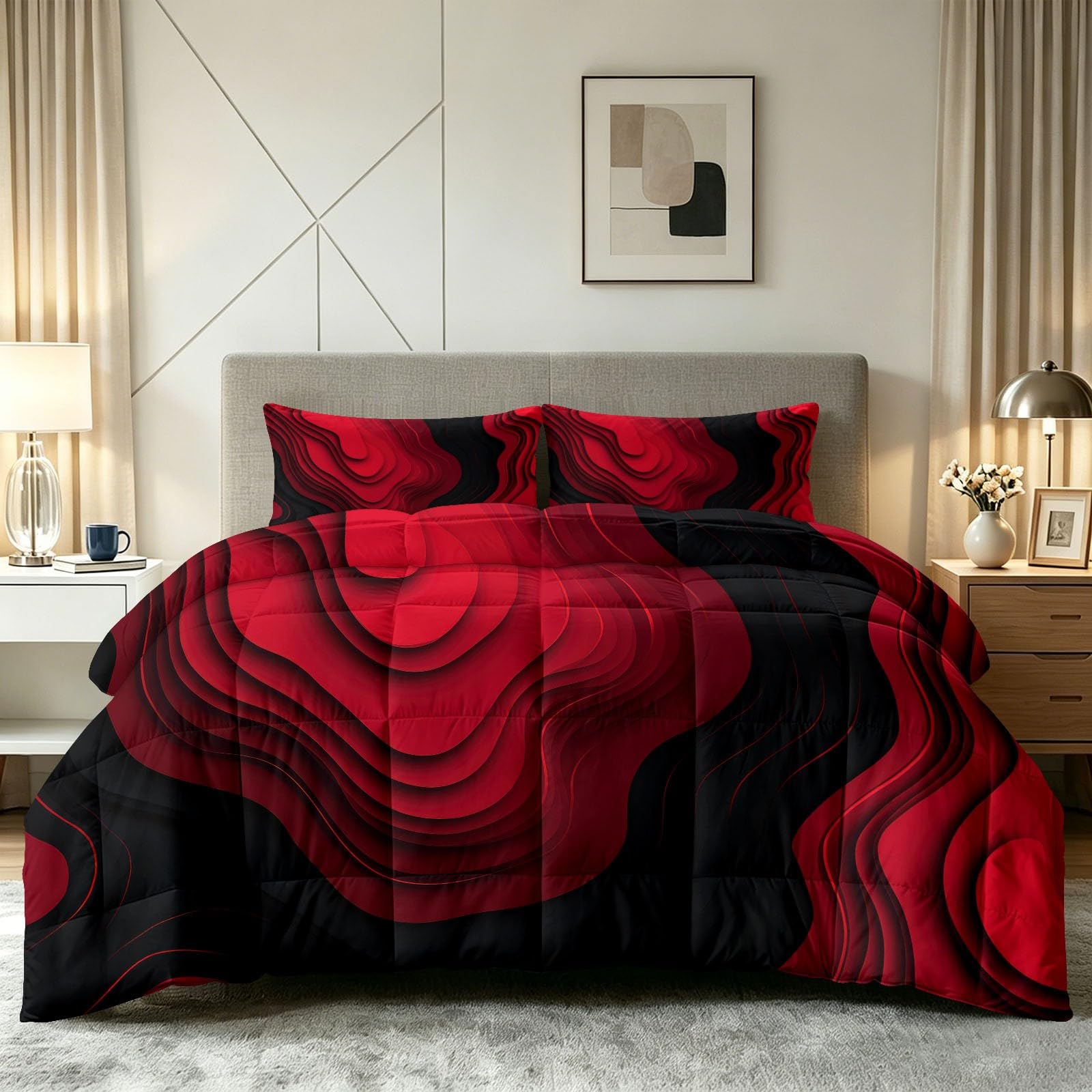 Bettdecke Ohne Bezug Sommer 135 x 200 cm Rot 3D Abstrakt Geometrisch, Steppdecke aus Gewaschene Baumwolle - Gelände Textur Wellen, Waschbare Sommerdecke Atmungsaktive Kühldecke für Allergiker