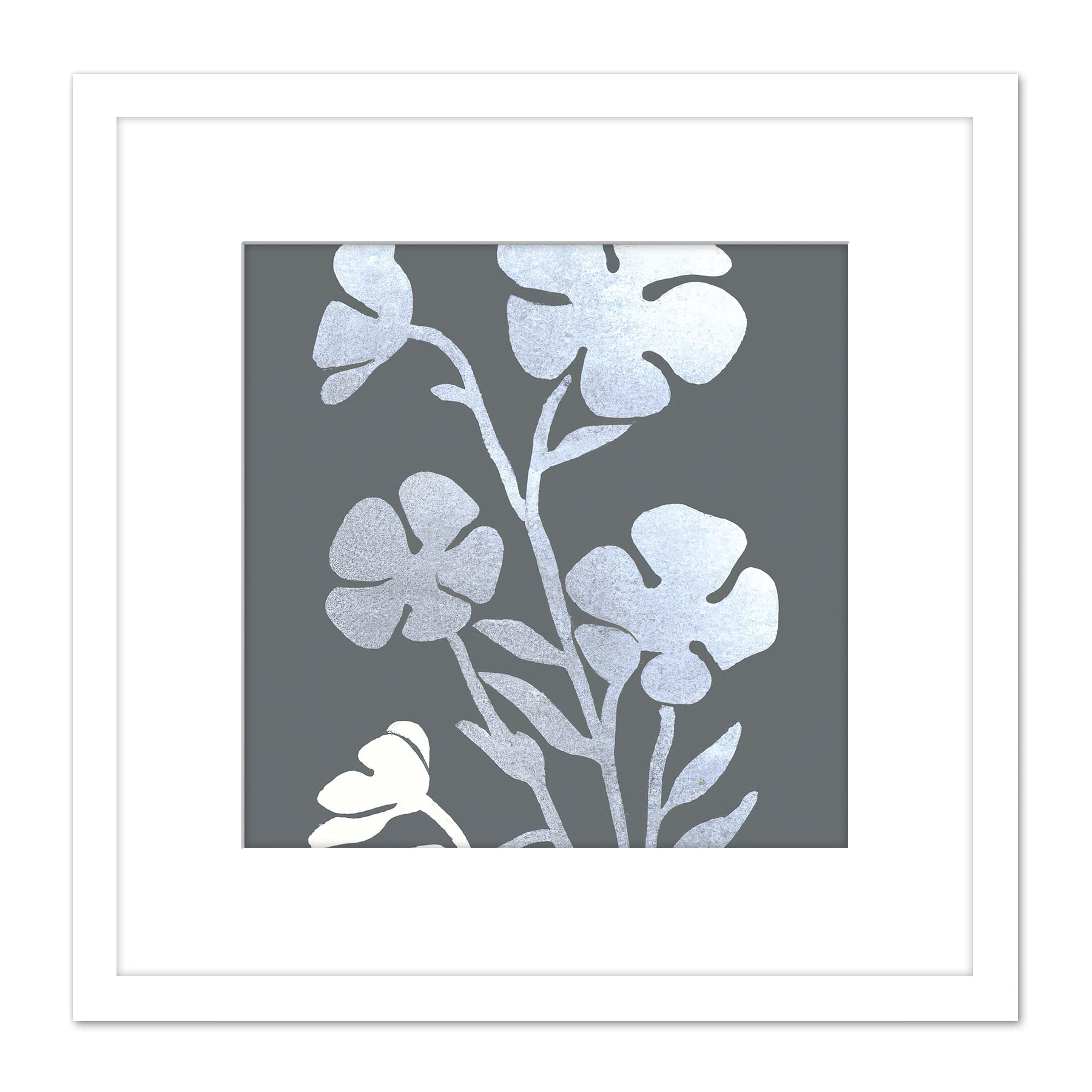 Artery8 Silver Foil Metallic Foil Style on Grey Pressed Flowers Floral Painting Square Wooden Framed Wall Art Print Picture 9X9 Inch