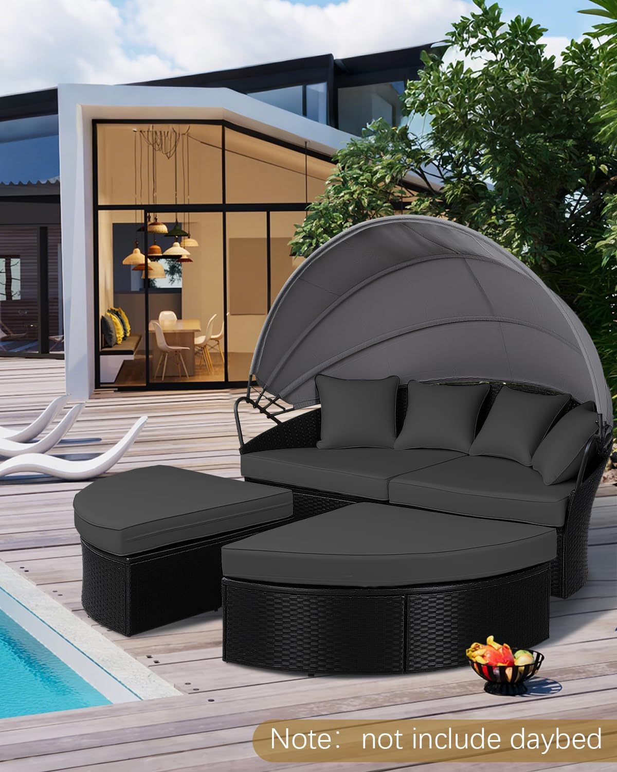 SUNCROWN Replacement Sun Bed Cushion, Outdoor Round Daybed Cushion with Weather Resistant and Fade-Resistant Cover, Patio Furniture Seat, Black