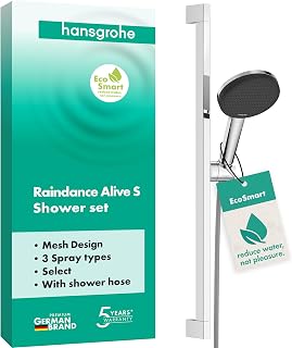 hansgrohe Raindance Alive Select S - Duschset mit Duschkopf wassersparend (EcoSmart, 3 Strahlarten inkl. PowderRain), Duschschlauch (1,60 m) und Duschstange (0,65 m), Chrom, 24600000