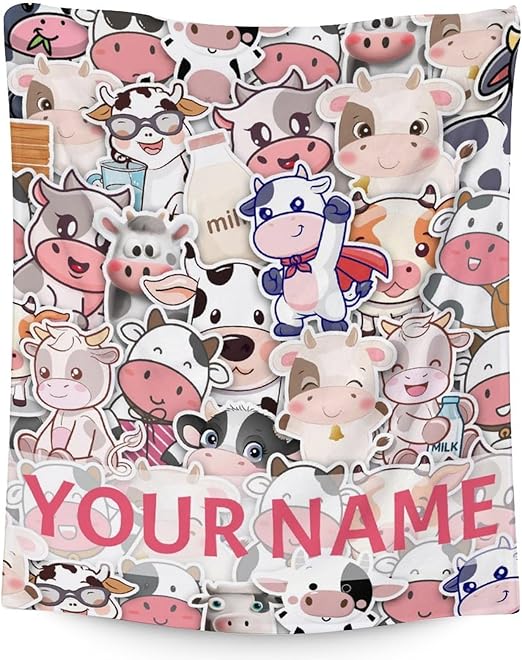 Personalized Cow Blanket Gifts with Name - 40"x50" Cute Throw for Women, Girls - Colorful Soft Fuzzy Blankets for Couch & Sofa