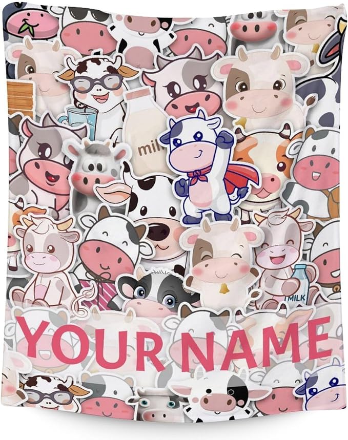 Personalized Cow Blanket Gifts with Name - 40"x50" Cute Throw for Women, Girls - Colorful Soft Fuzzy Blankets for Couch & Sofa