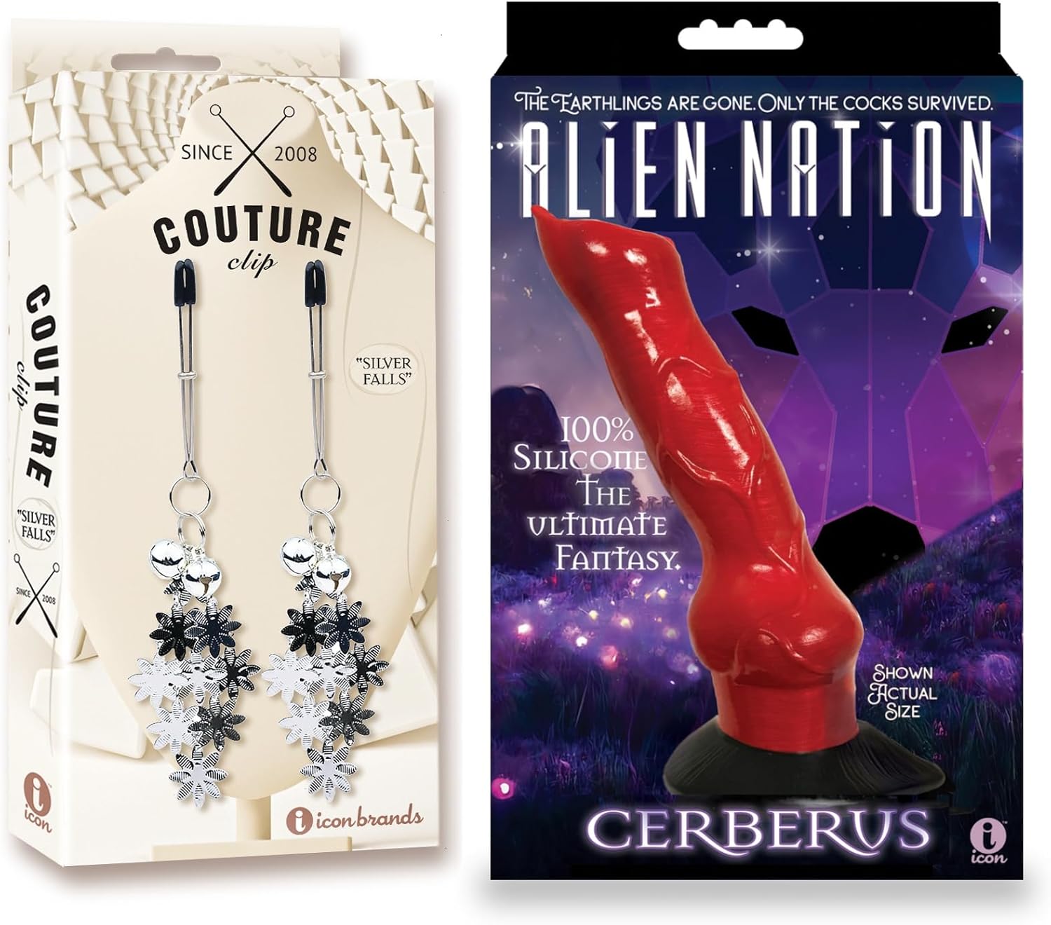 Adult Sex Toy Bundle of Couture Clip’s “Silver Falls” Nipple Clamp and Icon Brands Alien Nation Cerberus Silicone Creature Dildo - Red