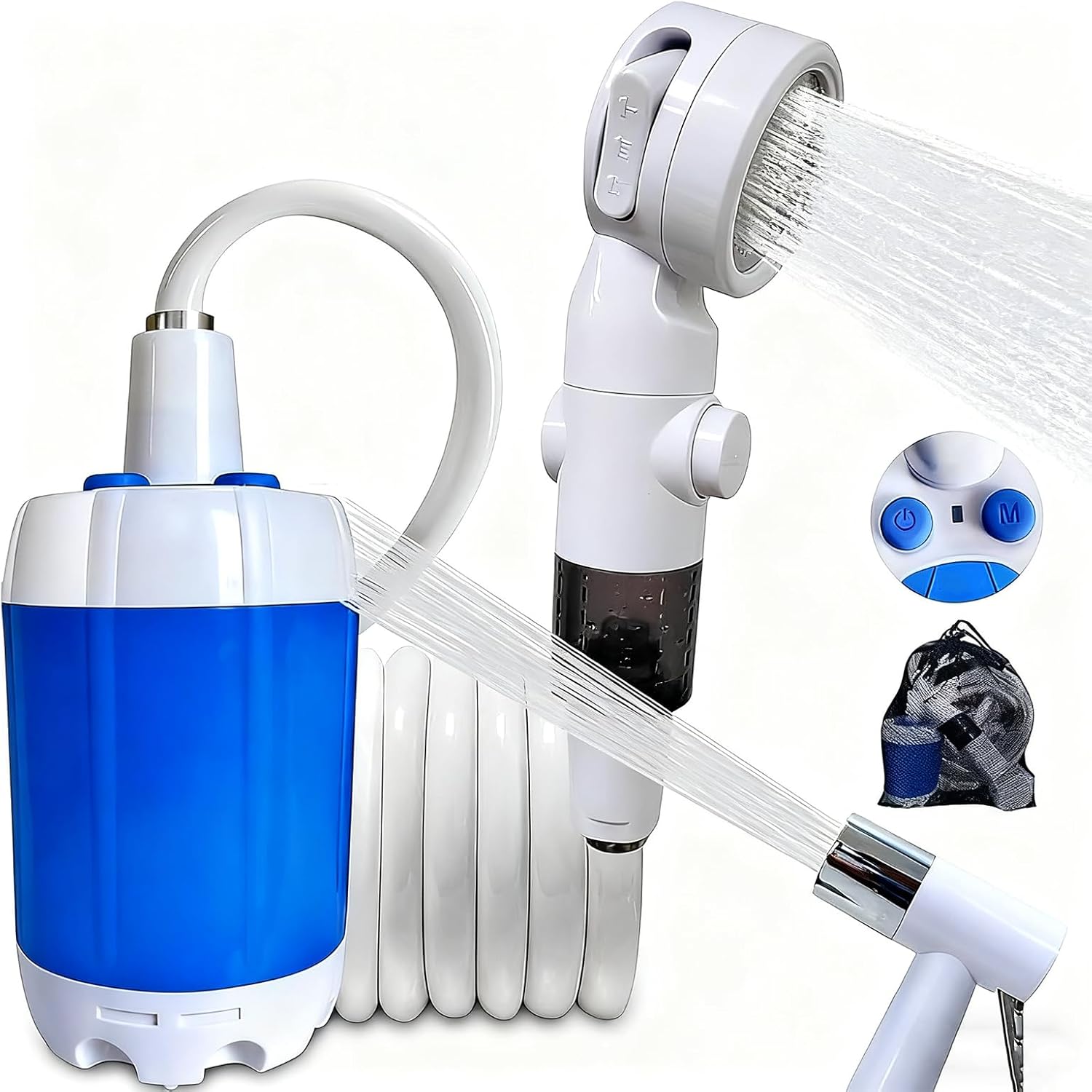Portable Camping Shower, Upgrade Rechargeable Outdoor Shower Pump with Rinsing Nozzle and Multiple Spray Modes for Camping, Hiking, Pet Bath, Traveling, RV
