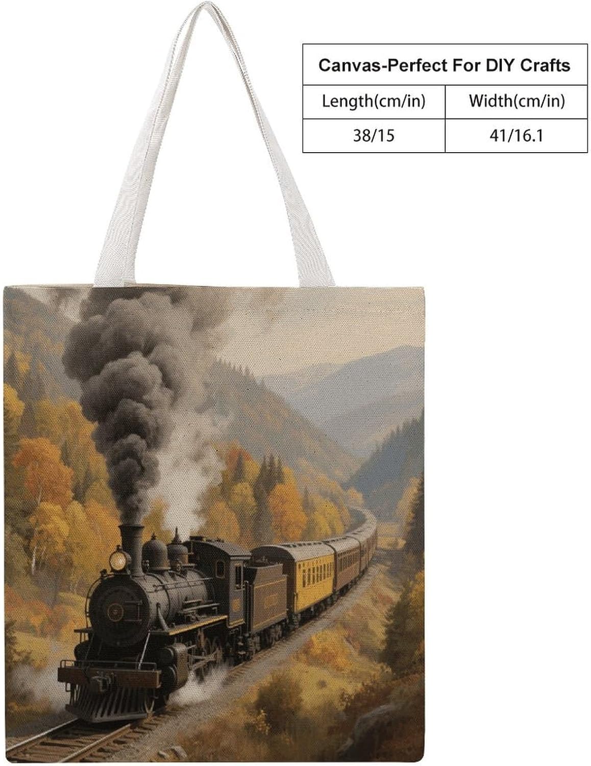 Canvas Tote Bag 16x15 In Lightweight Foldable Shoulder Hobo Purse | Steam Train Valley, Casual Tote with 10" Strap, Everyday Carryall, for Travel Work Grocery Shopping Beach Mark Gym Yoga