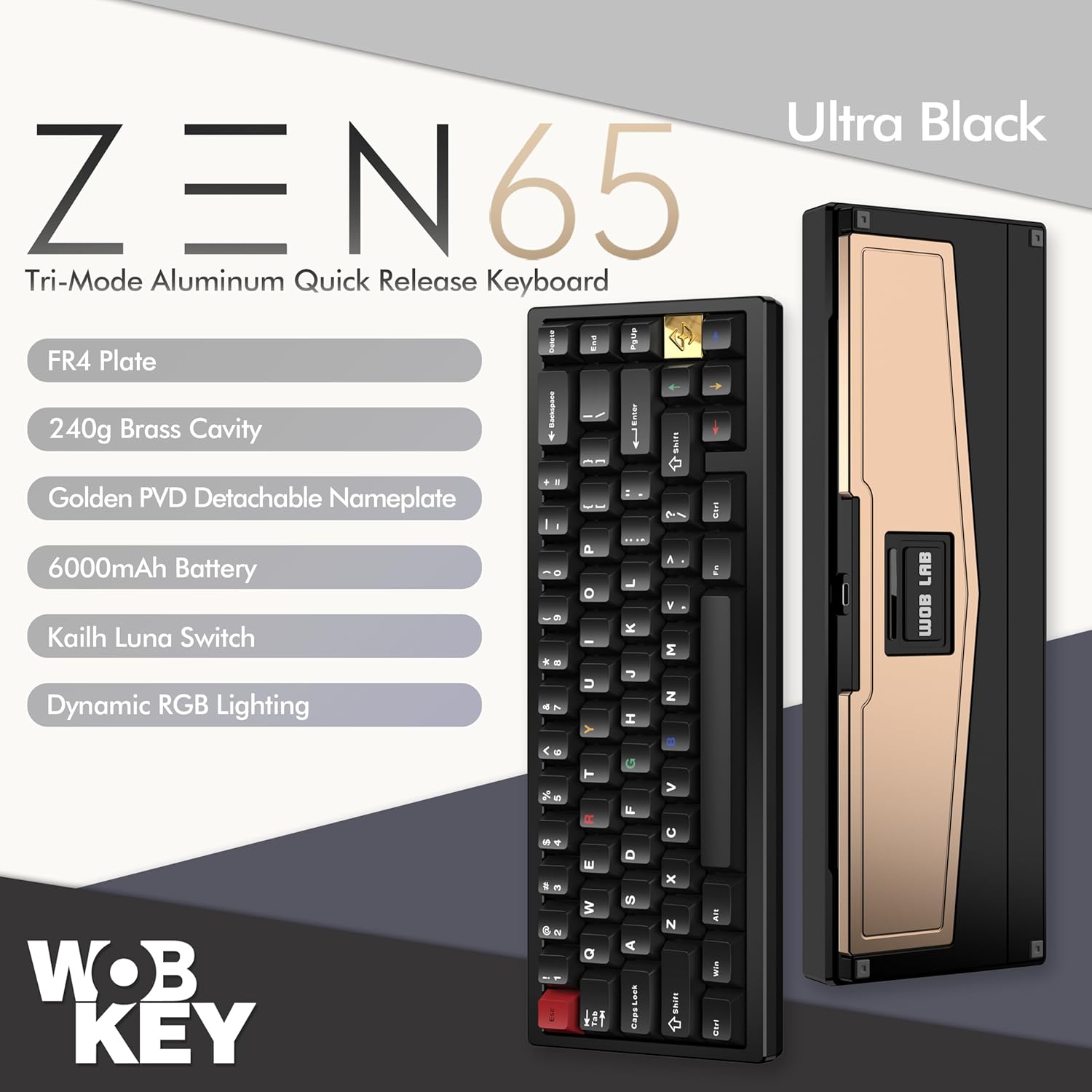 KEEBMONKEY WOBKEY Zen 65 65% Quick Release Wireless Mechanical Keyboard with RGB, CNC Aluminum Case, Hot-Swappable, VIA Support, BT/2.4G/USB-C Gaming Keyboard for Mac/Windows (Ultra Black)