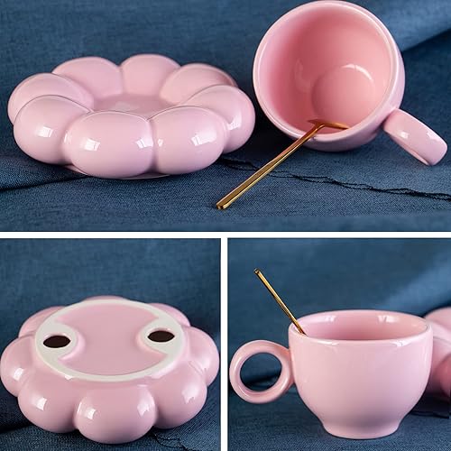 Miniatura 4 de feyluny Taza de café de cerámica linda creativa, taza, taza blanca y rosa perla y conjunto de combinación de posavasos (rosa)