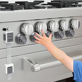 Gas Stove Knob Locks for Child Safety, AOSITE 5 Pack Child Proofing Oven Knob Lock Upgraded 2 Step Unlock Stove Guard with Strong Adhesive,1 Pcs Oven Safety Locks for Babies
