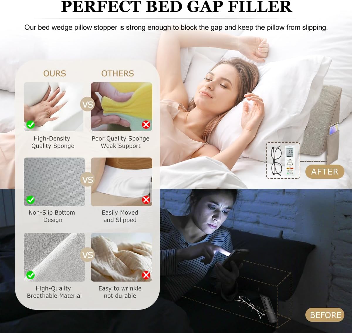 Headboard Bed Wedge Pillow, Mattress Wedge Stopper Pillow for Reading and Rest, Close The Gap (0-12") Between Headboard and Mattress, Stop Losing Your Pillows(Queen-60x6x6in-Black)