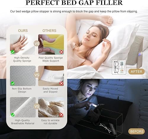 Miniatura 5 de Almohada de cuña de cama para cabecero, almohada de tope de cuña de colchón, relleno de espacio de cama, cierra el espacio (0-12 pulgadas) entre la