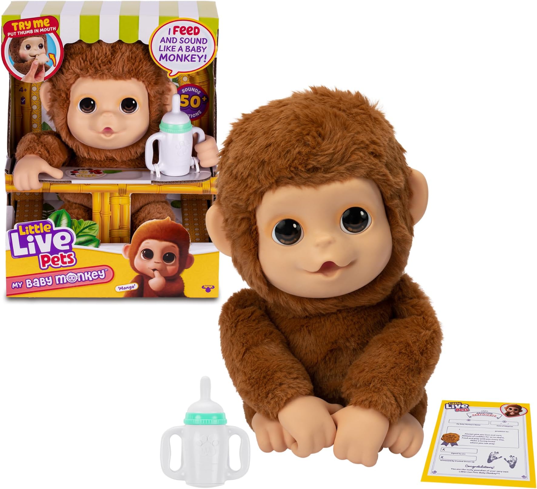 Little Live Pets Giochi Preziosi Mango The Monkey Interactive, 50 Interactive Sounds and Mouth Movement, Loves Tickling and Creates Cheerful Sounds When You Touch It Belly! Packed with Accessories