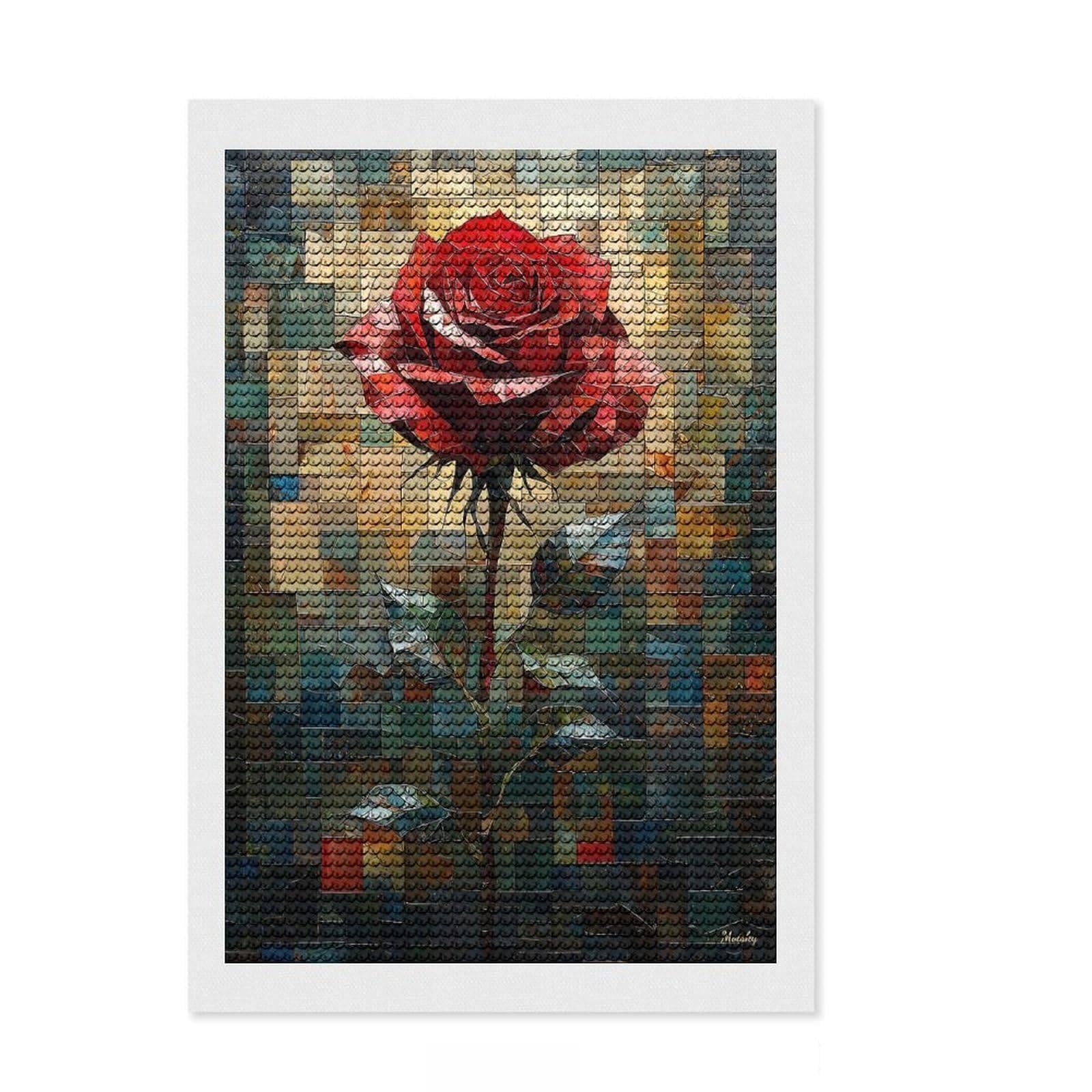 Junmoney Stained Glass Red Rose of Elegance Diamond Painting Kit 8"x12", Bedroom Decor, Round Gems, Full Kit Included, Relaxing Handmade Project