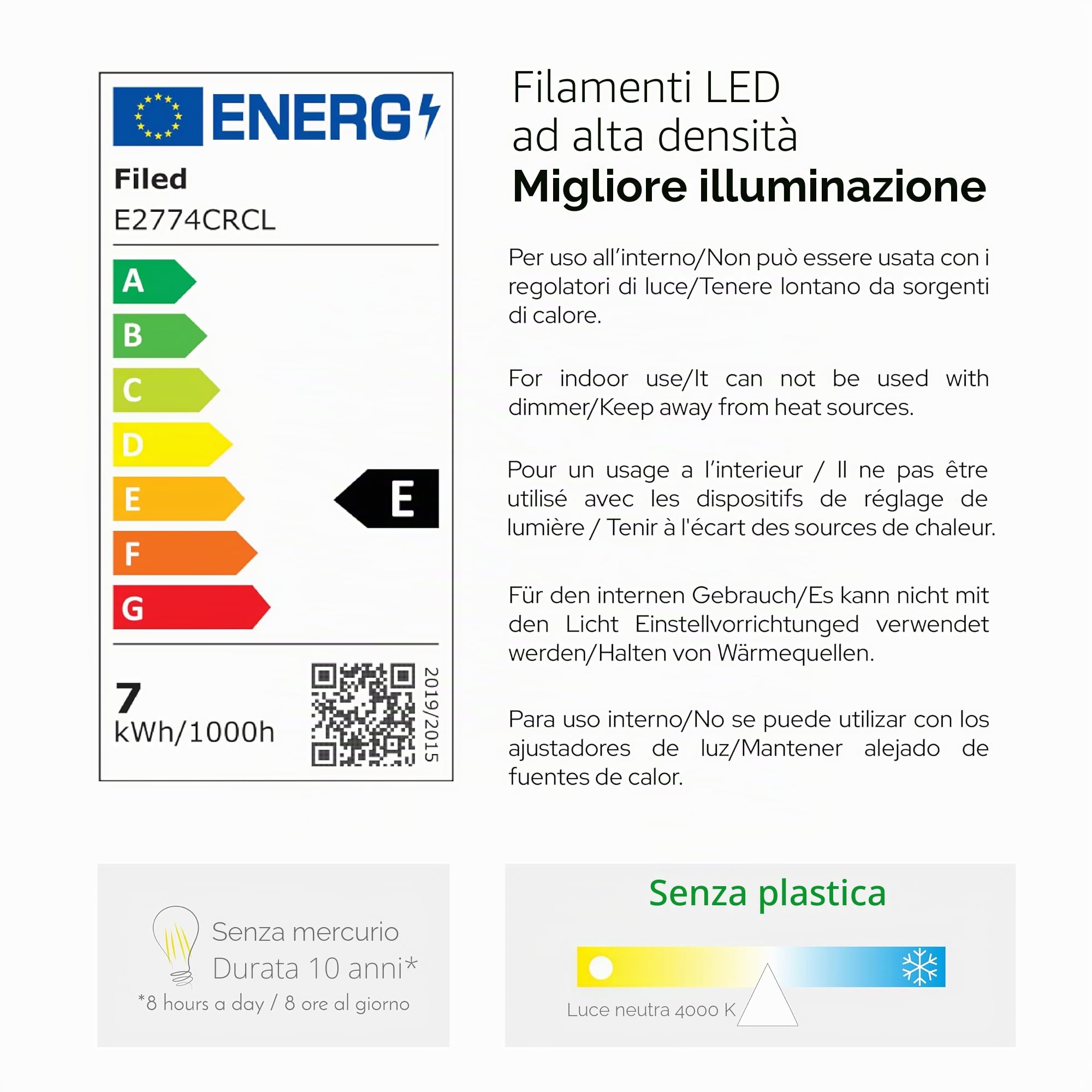 Lampadina Smart Goccia A60 7W, E27, Vetro Trasparente, Sensore Crepuscolare, 4000K Luce Naturale, filamento LED dritto, 806 Lumen, Pack 10 Pezzi