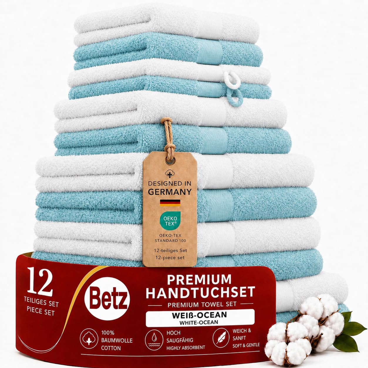Betz 12-częściowy zestaw ręczników premium 100% bawełna 2 ręczniki kąpielowe 4 ręczniki do rąk 2 ręczniki dla gości 2 ręczniki do rąk 2 rękawice do mycia kolor biały/ocean