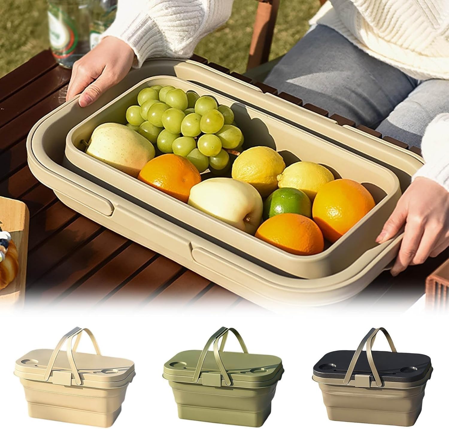 Multifunction Collapsible Picnic Basket Set with Table Lid Portable Outdoor Folding Camping Storage Silicone Basket with Handle