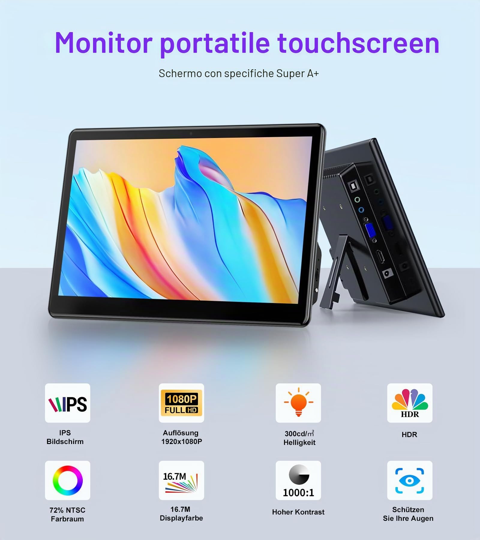Monitor Portatile Touch 13,3 Pollici, Full HD 1920×1080 IPS Display Touchscreen con HDMI, VGA e USB Plug-and-Play, Compatibile VESA, Adatto per Laptop, PC, Xbox e Switch, Ultra-sottile Leggero