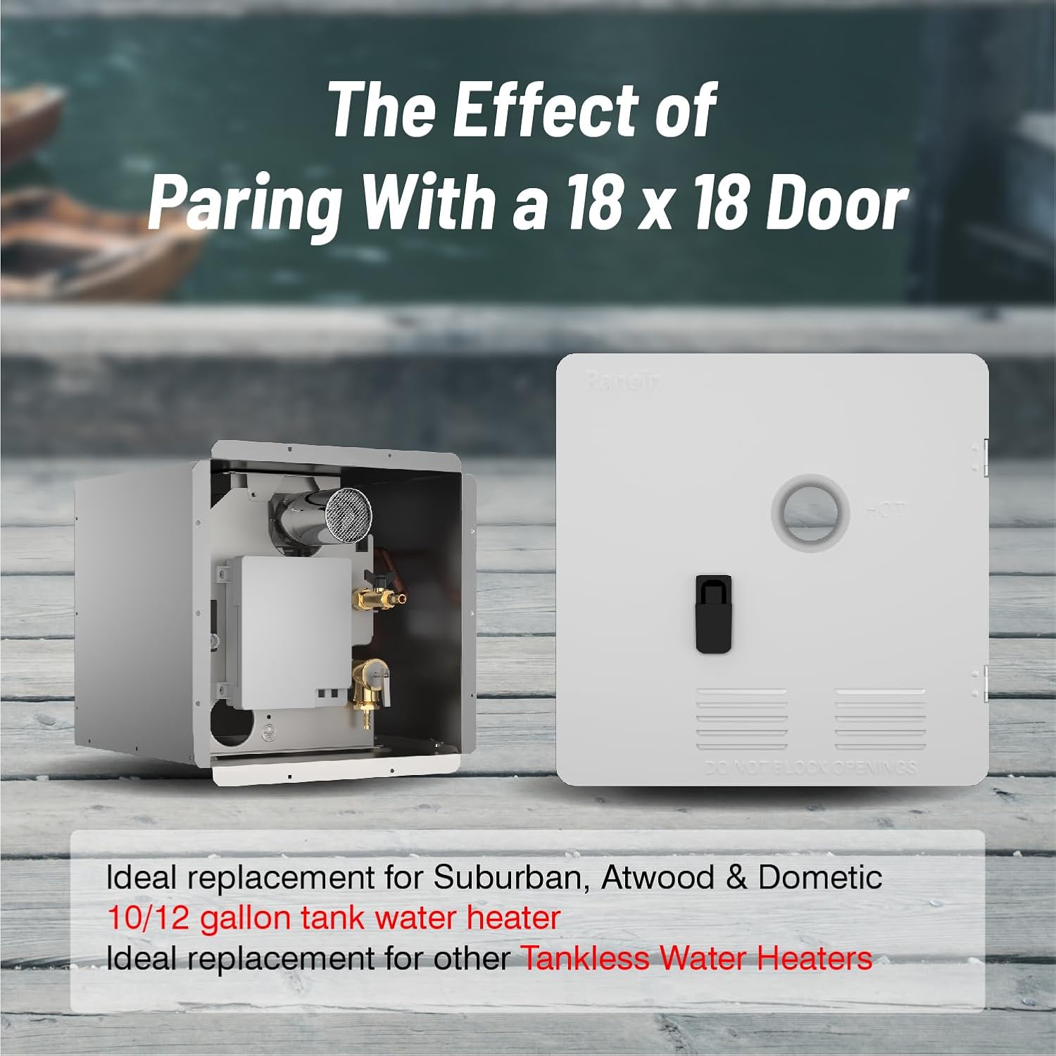 65,000 BTU Tankless RV Water Heater with Zero Cold Water Start, 12V On-Demand Hot Water System, with 18" x 18" Black Door