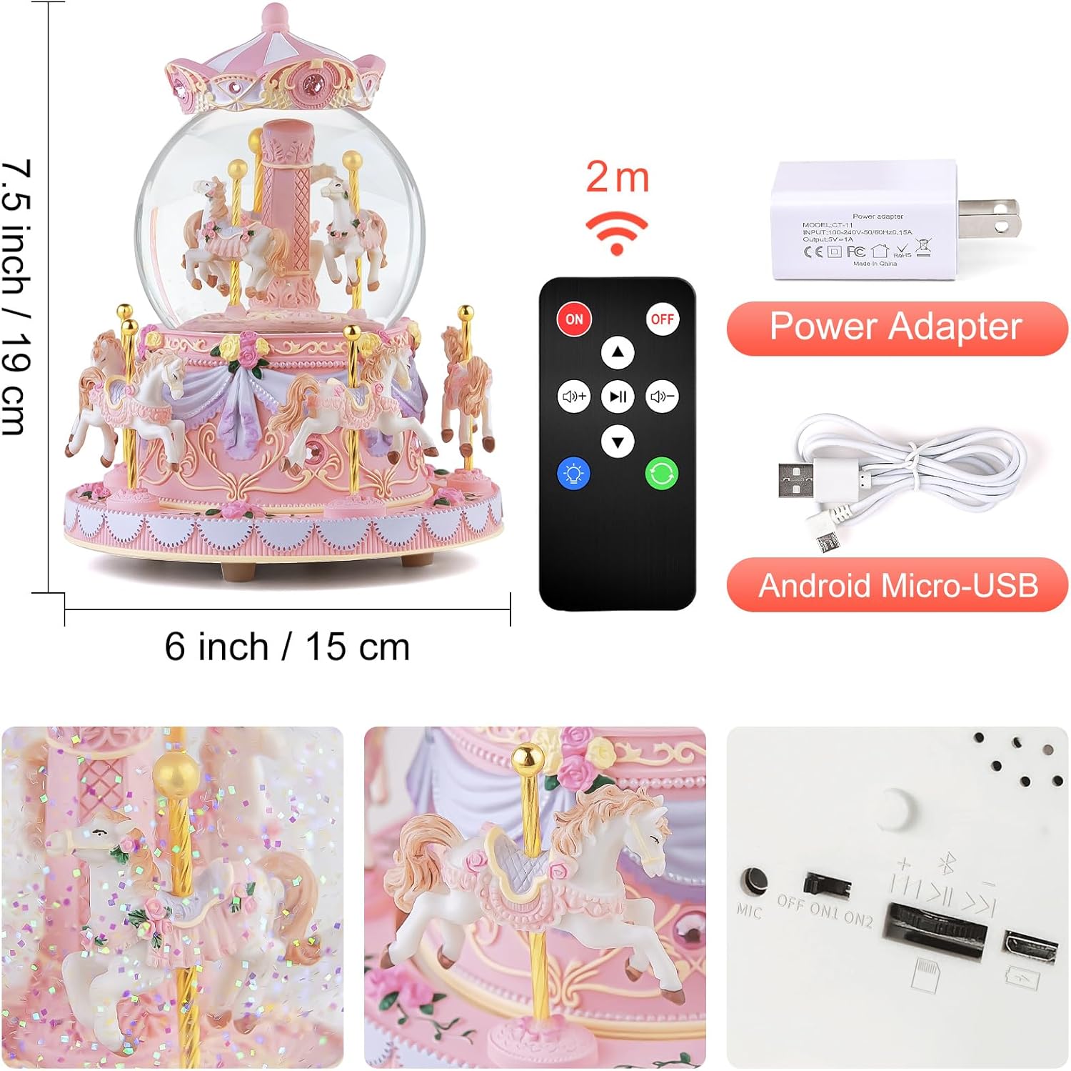 Upgraded Remote Control Carousel Snow Globe Music Box, Carousel Horses Musical Gift for Girls Women Daughter Wife, Romantic Christmas Anniversary Birthday Plays 64 Tunes