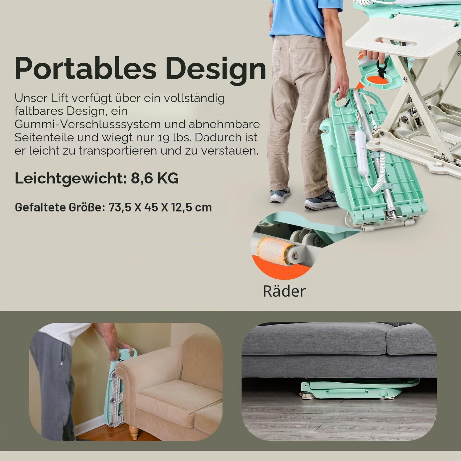 SuperHandy GoRise LT Tragbarer Boden- und Badewannenlift – leicht, faltbar, 150 kg Kapazität, wasserdicht, ergonomischer Sitz mit abnehmbaren Paneelen, 8,6 kg [zum Patent angemeldet]