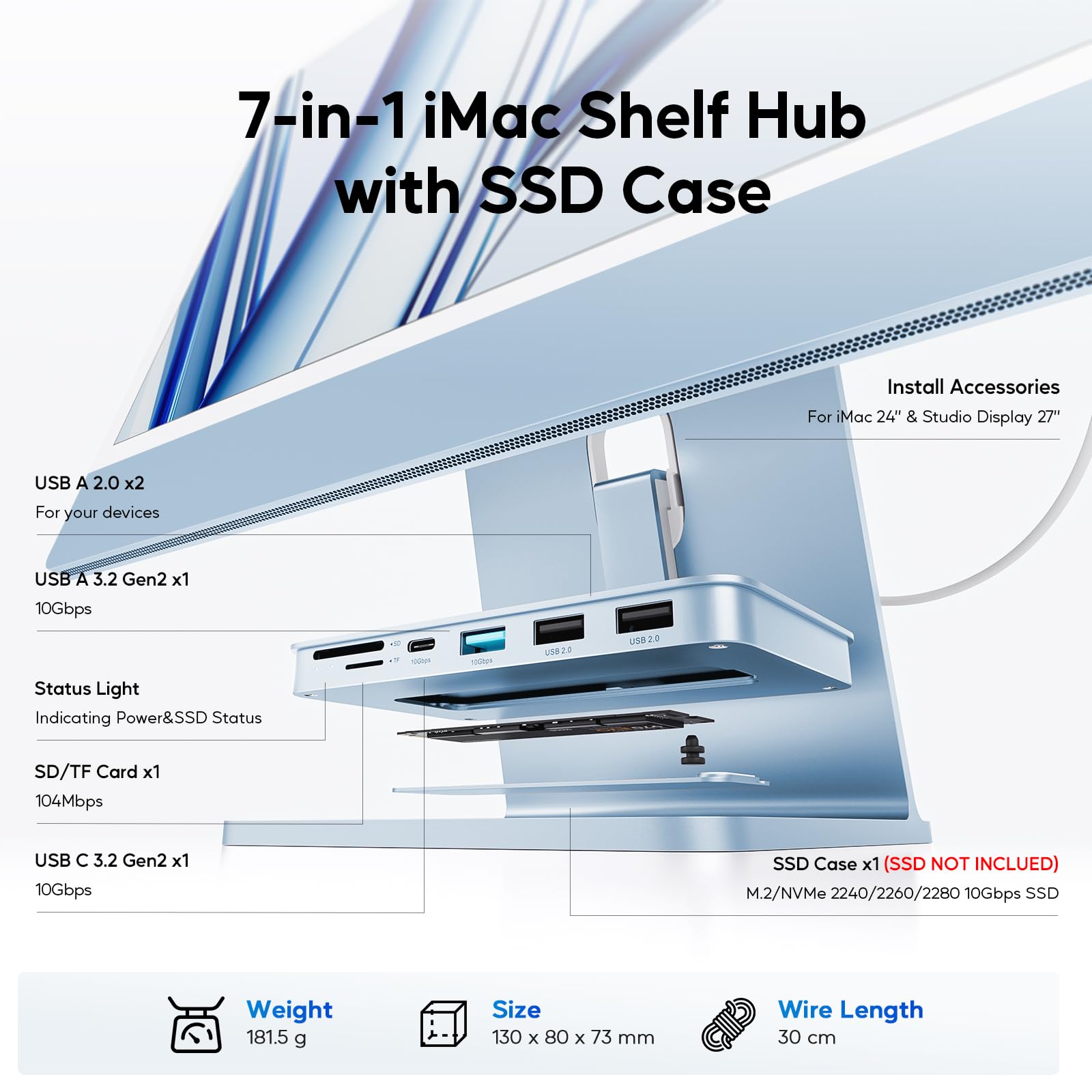 Accesorios para iMac de 24 Pulgadas con Carcasa para SSD M.2 NVMe | PULWTOP iMac USB HUB con USB A/C 10 Gbps, SD/TF, M.2 SSD Case, USB C Hub para iMac M1/M3/M4 & Studio Display 27"-Azul
