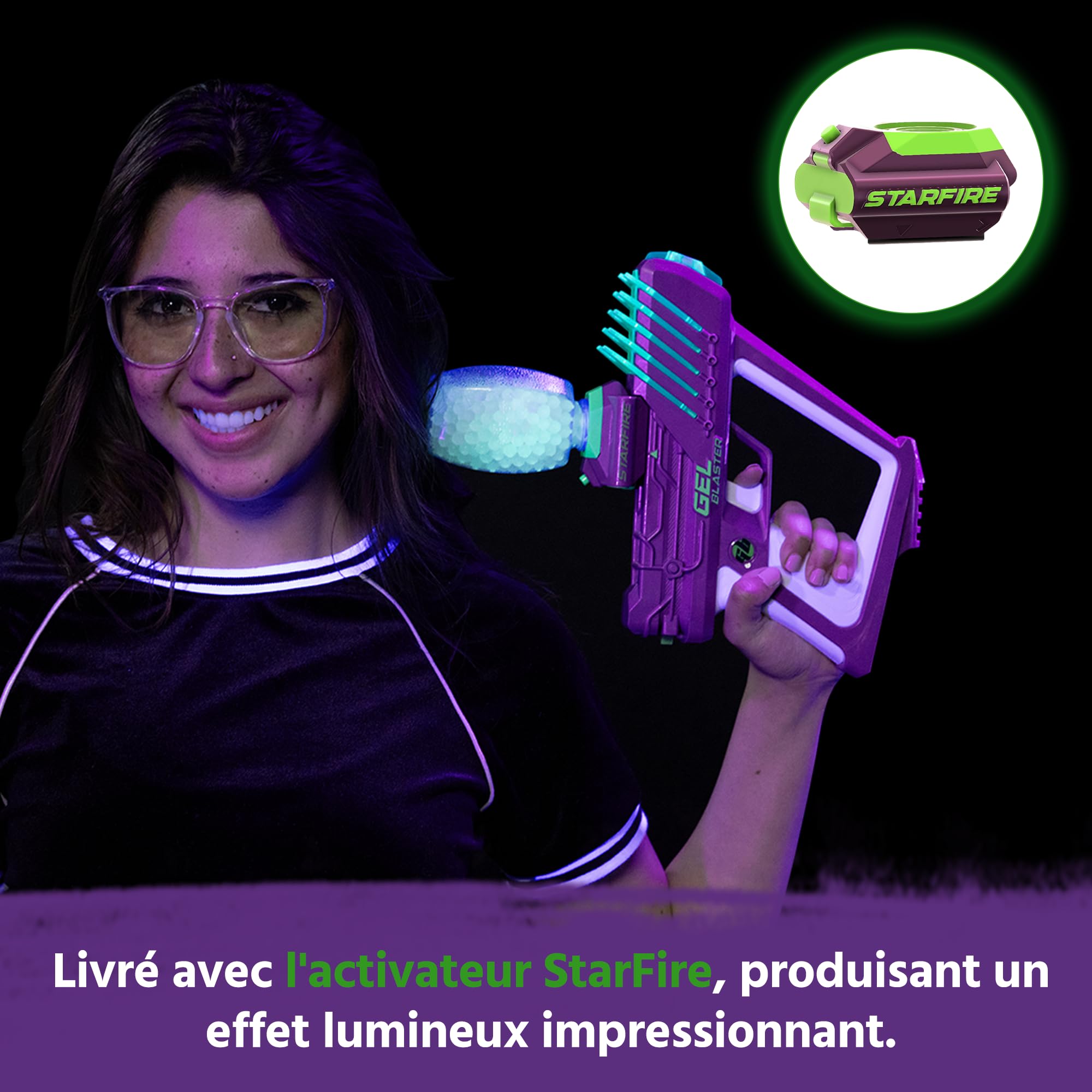 Gel Blaster Surge Starfire - Brille dans Le Noir, Semi/Auto, 30m, 14+ | Munitions Starfire lumineuses, canons interchangeables, batterie USB-C (4h), inclus lunettes.