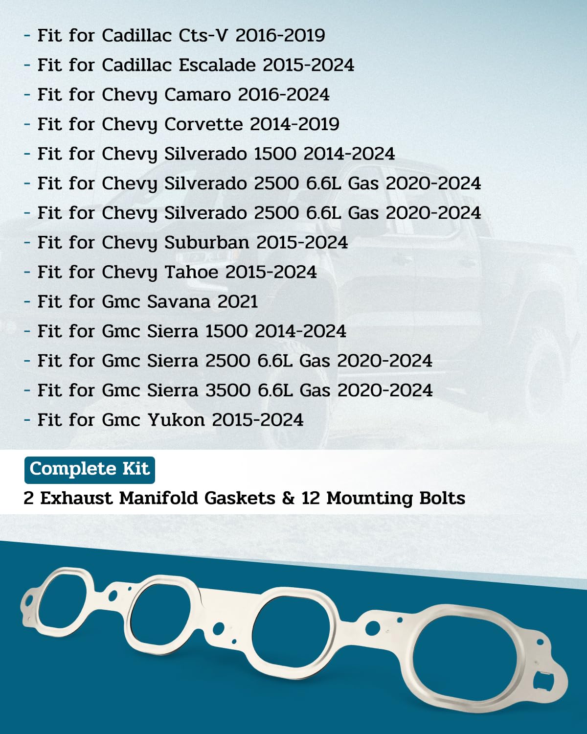 Gen V Exhaust Manifold Header Gaskets with Bolts Fit for GM LT Based V8 Engines 5.3L 6.2L LT1 LT4 L8T L82 L83 L84 L86 L87 L8B 2014+ Replace 12657093