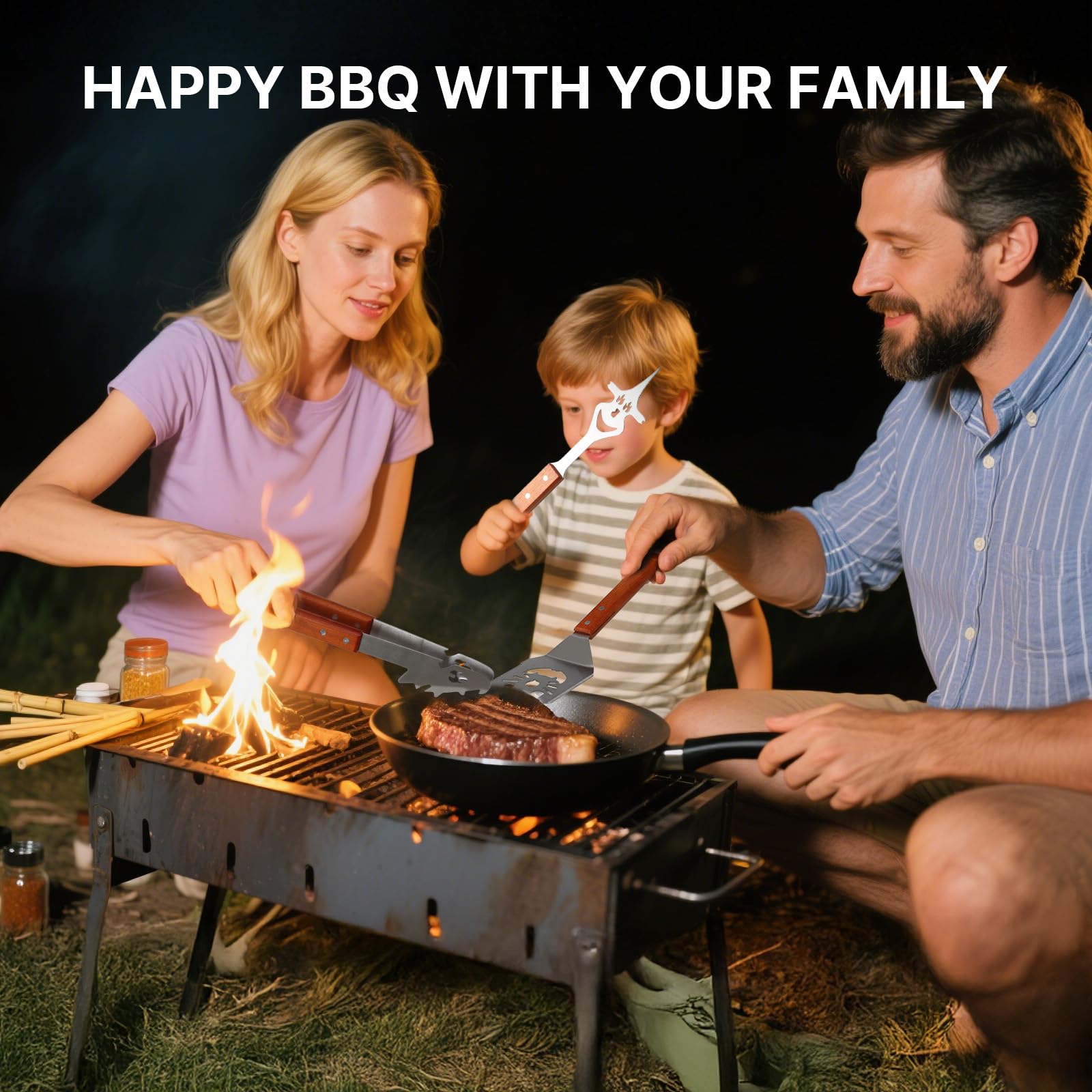 Set di 3 posate per barbecue extra lungo, accessorio per barbecue, regalo per uomini, accessorio per barbecue con pinza per barbecue, paletta per barbecue, forchetta per carne, manico in legno, regalo
