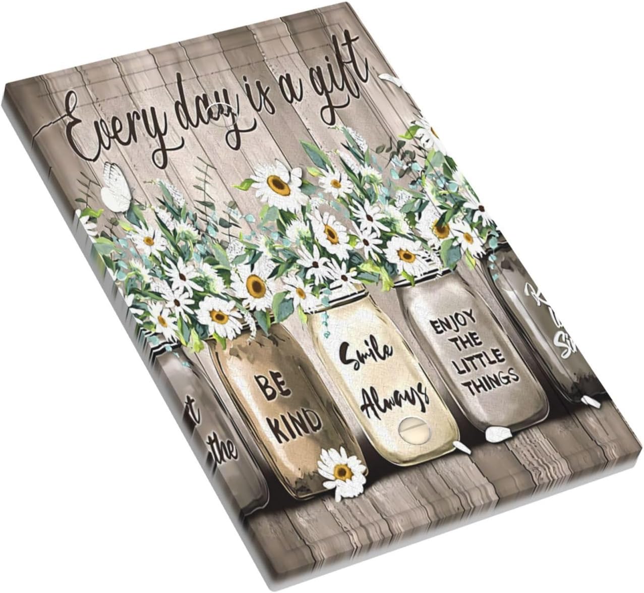 Rustic Brown Wood Print Daisy Light Switch Cover 1 Gang Single Rocker Country Floral Butterfly Wall Plate Decorative Electrical Farmhouse Vintage Faceplate for Bathroom Bedroom Home 5" x 3"