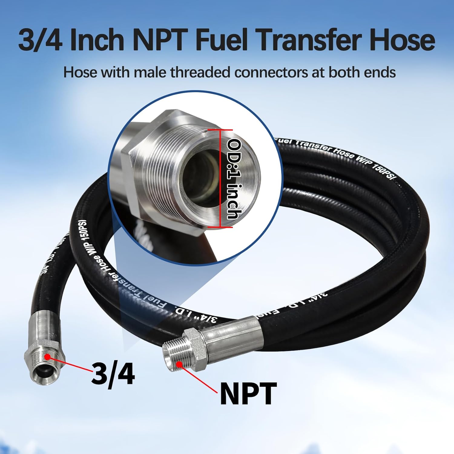 3/4" Fuel Transfer Hose 20FT - Farm Pump Hose with Male NPT Fittings, Compatible with Diesel, Gasoline, Kerosene, Biodiesel for Fuel Dispensing, Transfer, Tanks and Tubing