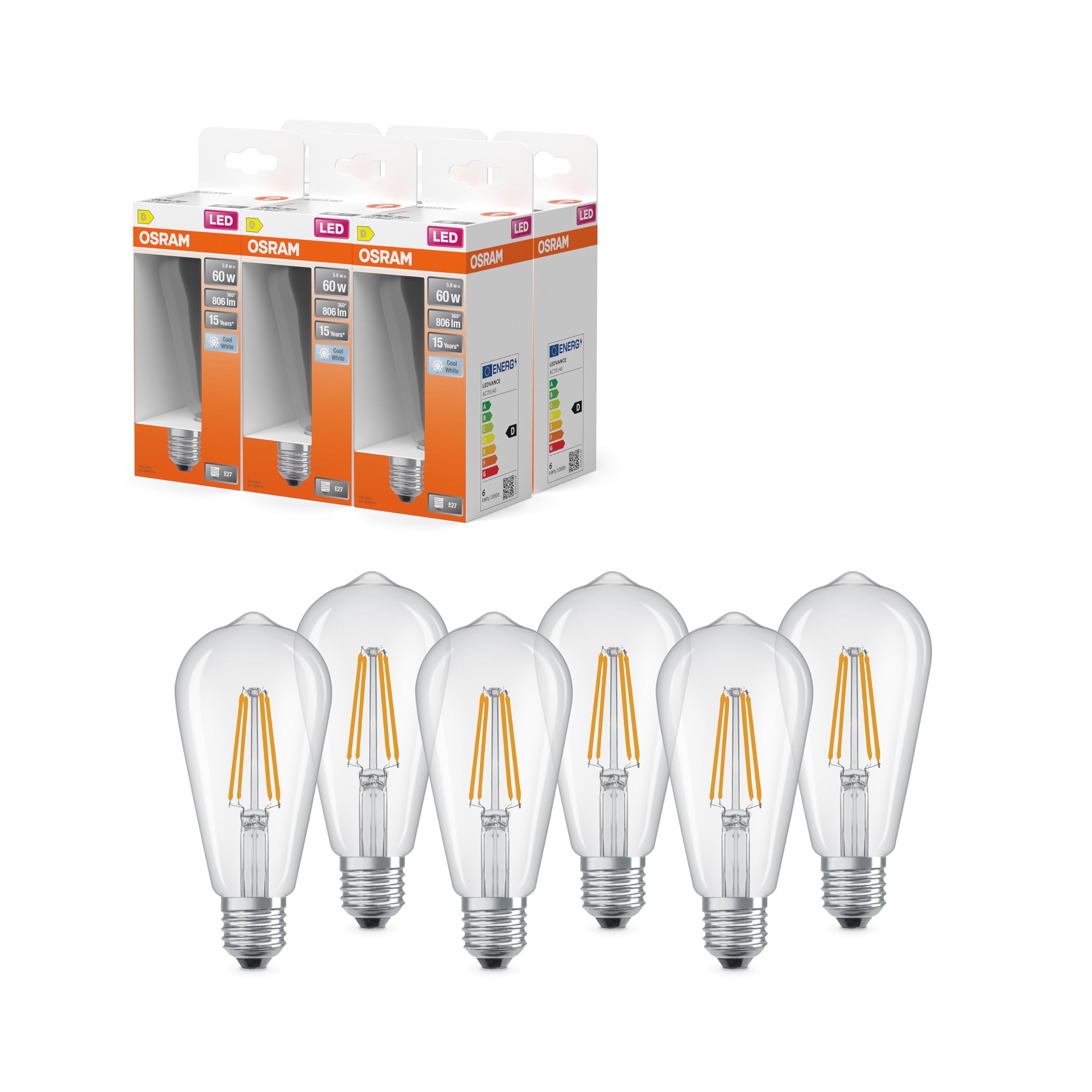 OSRAM Bombilla LED forma Edison A60 5,9 W transparente E27 | LED Star Classic Edison 60 Filament, LED Lamps, Claro, 64 mm dia, 15000 h, Paquete de 6