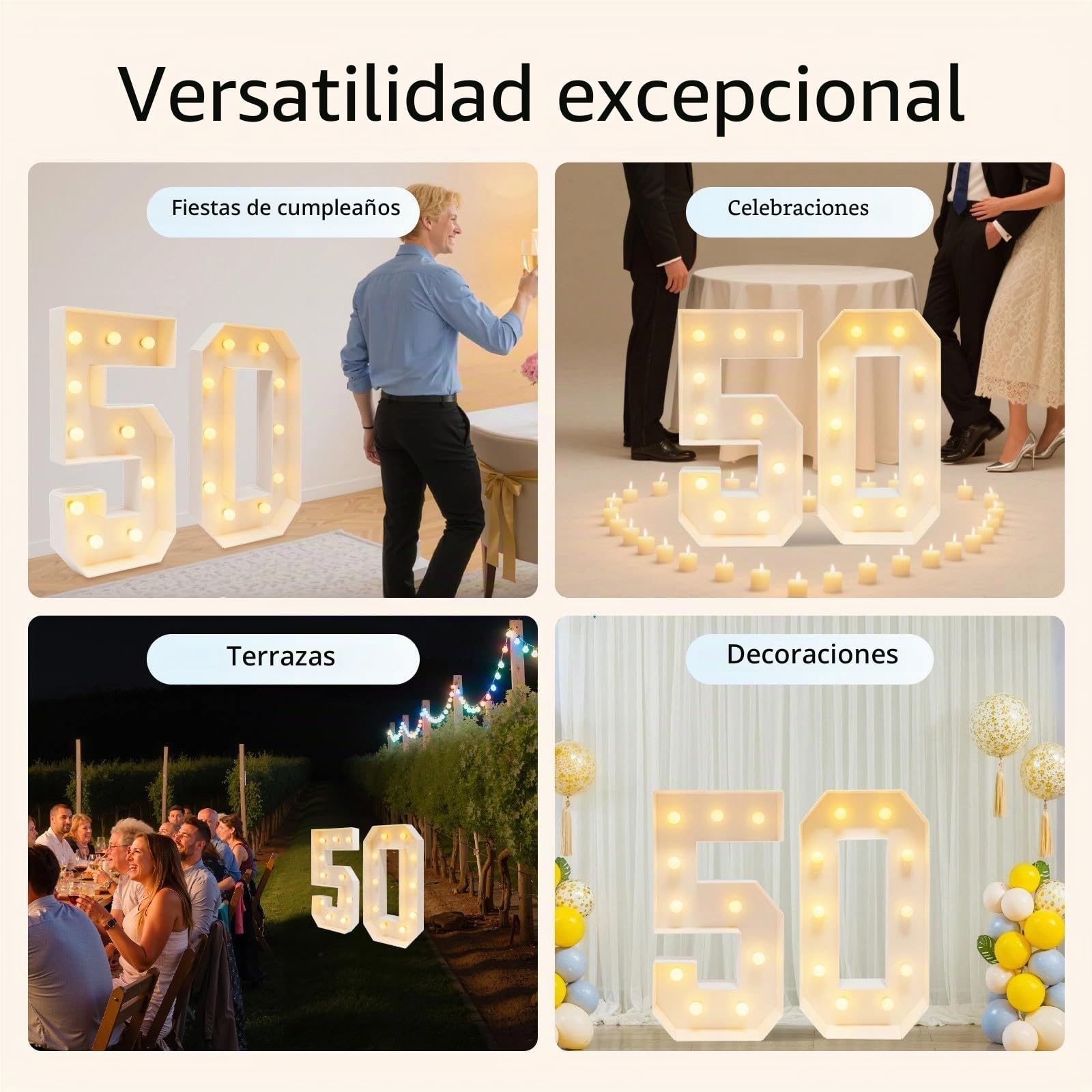 Figuras luminosas LED 2000-3000 K en altura 100 cm, decoración de cumpleaños 30/40/50, brillantes figuras gigantes para cumpleaños, boda, fiesta (50)