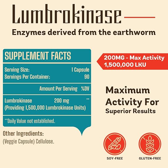 Lumbrokinase 200mg (Max Activity 1,500,000 LKU) - Lumbrokinase Enzymes Supplement, More Effective Than Nattokinase - 90 Capsules (2 Bottles)